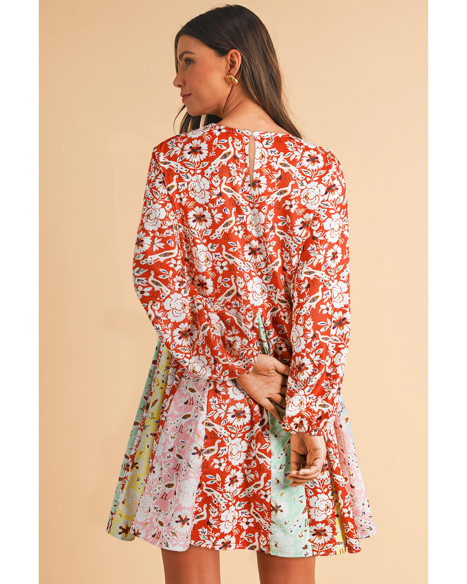Red Colorful Floral Patchwork Long Sleeve Pleated Mini Dress - M