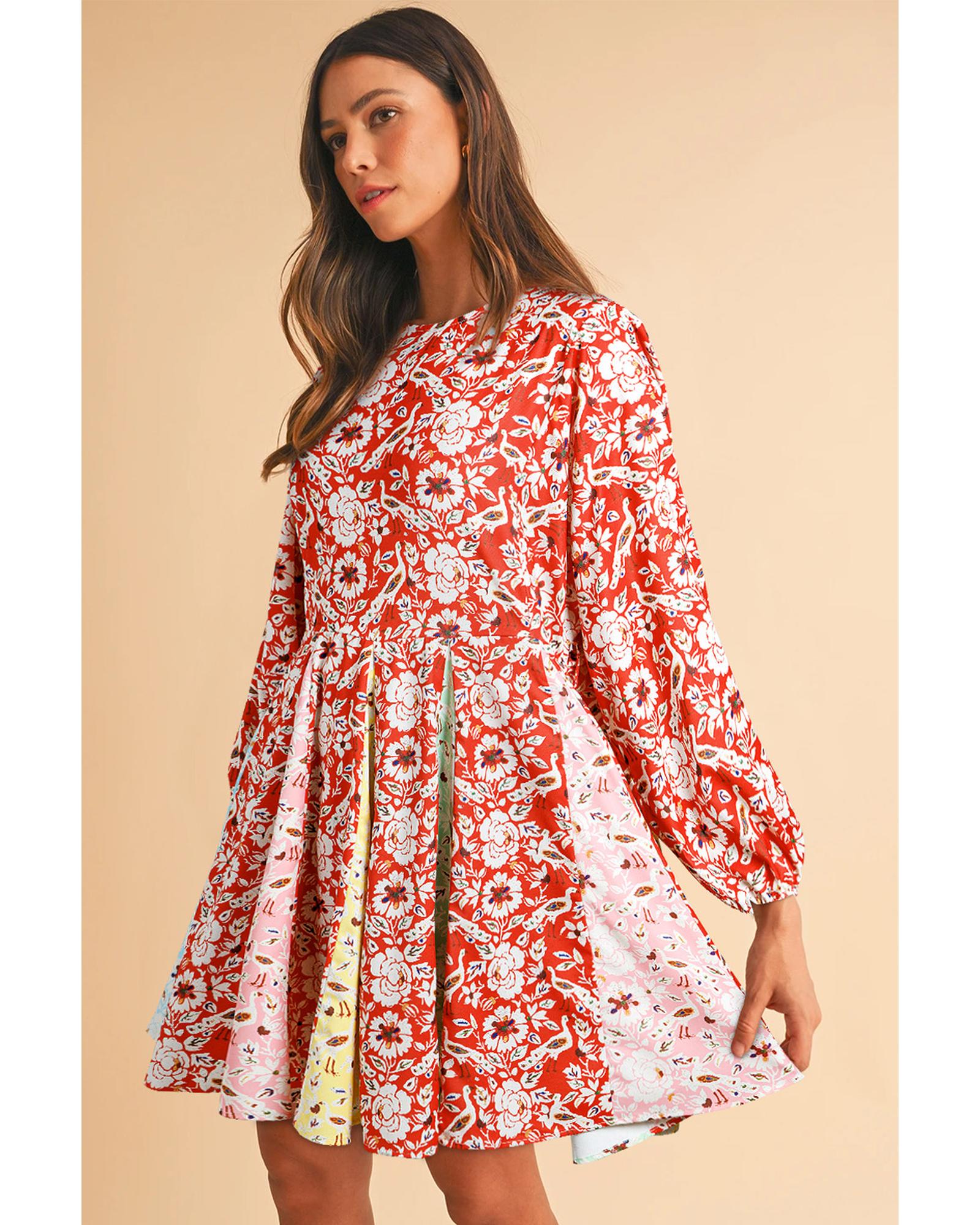 Red Colorful Floral Patchwork Long Sleeve Pleated Mini Dress - S
