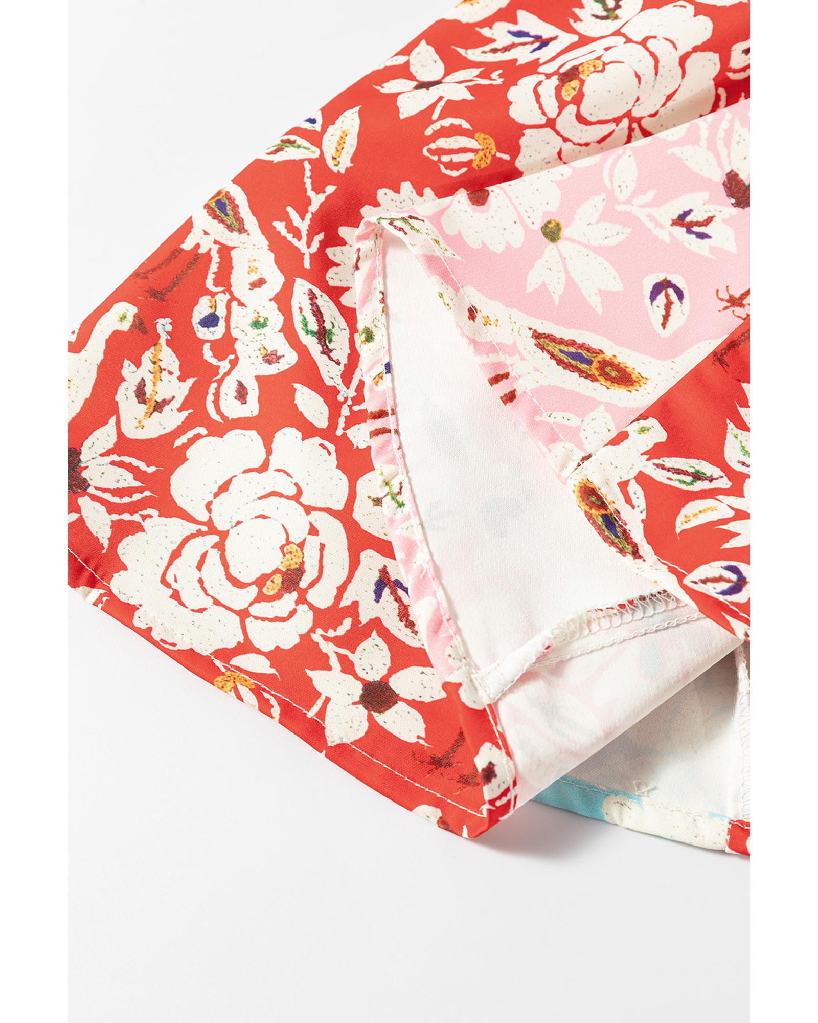 Red Colorful Floral Patchwork Long Sleeve Pleated Mini Dress - S