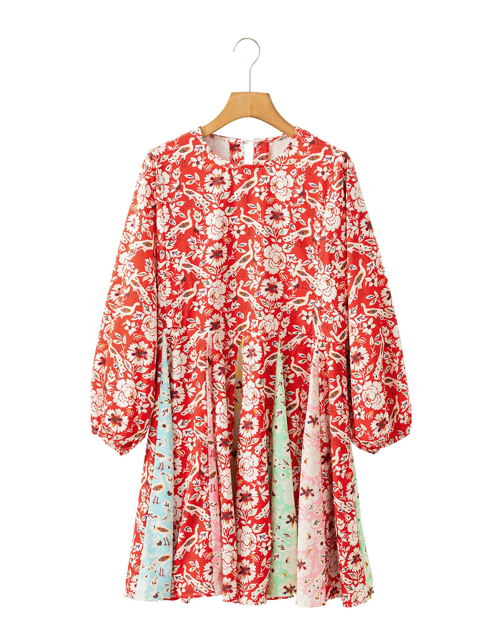 Red Colorful Floral Patchwork Long Sleeve Pleated Mini Dress - S