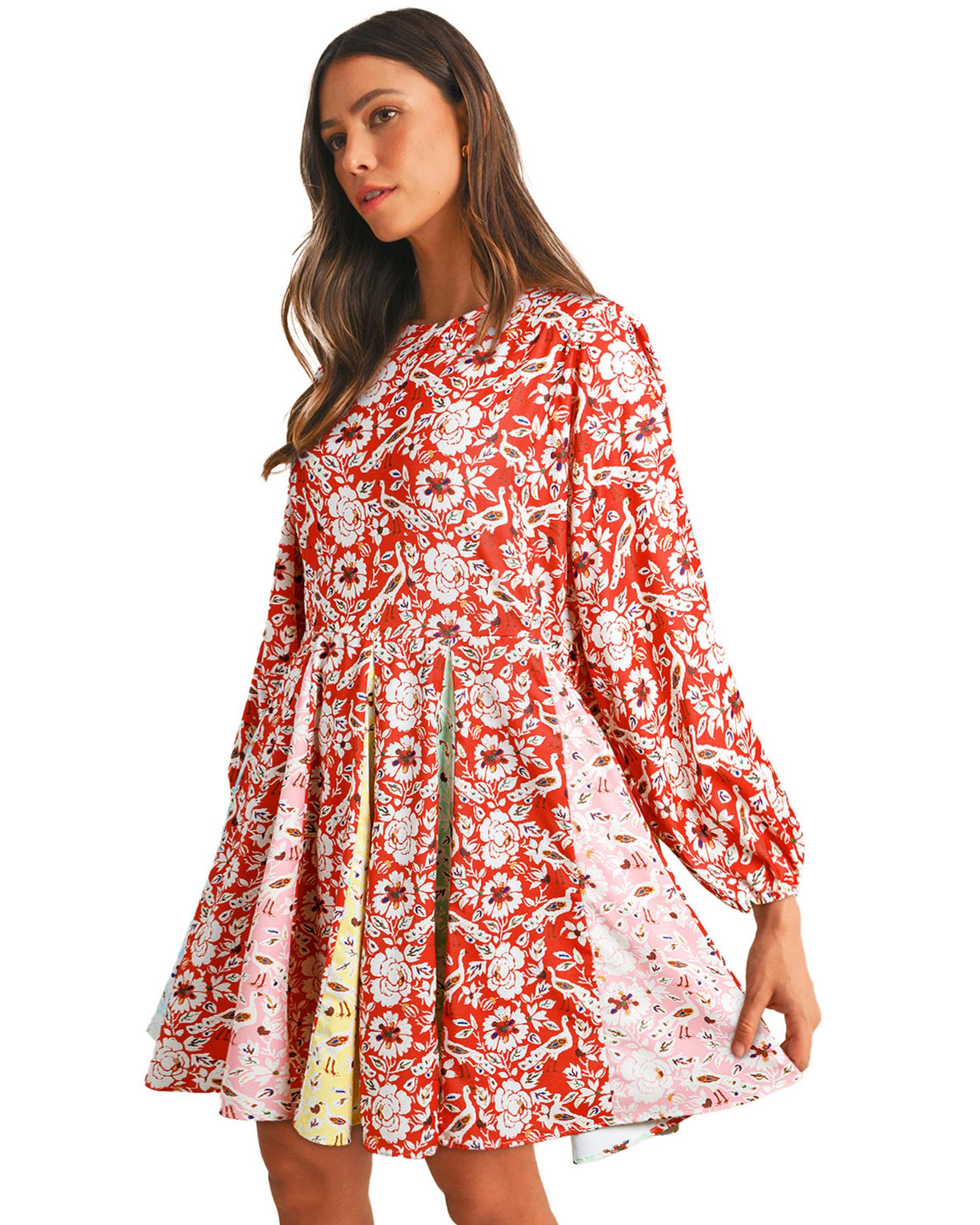 Red Colorful Floral Patchwork Long Sleeve Pleated Mini Dress - S