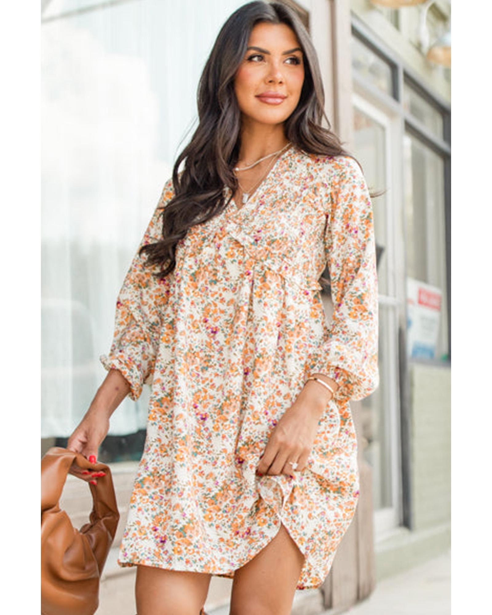 Yellow Boho Floral V Neck Ruffled Empire Waist Long Sleeve Mini Dress - L