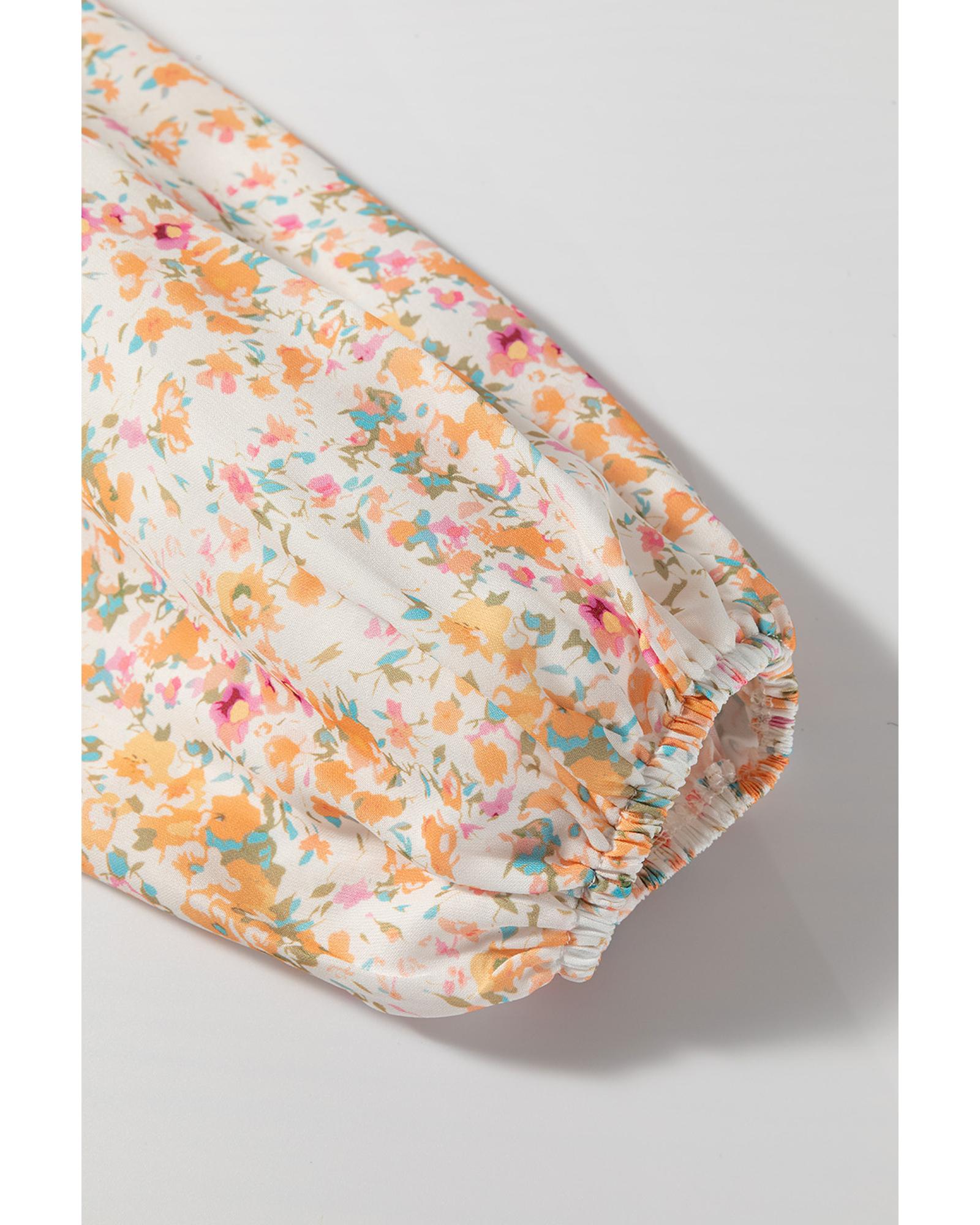 Yellow Boho Floral V Neck Ruffled Empire Waist Long Sleeve Mini Dress - L