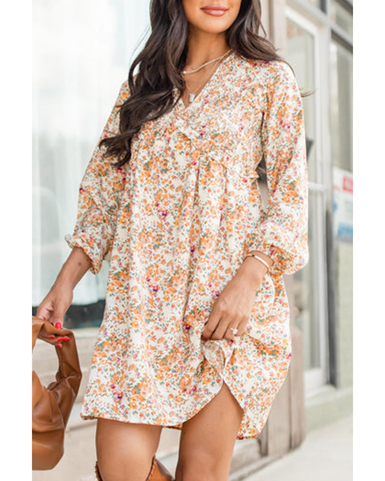 Yellow Boho Floral V Neck Ruffled Empire Waist Long Sleeve Mini Dress - L