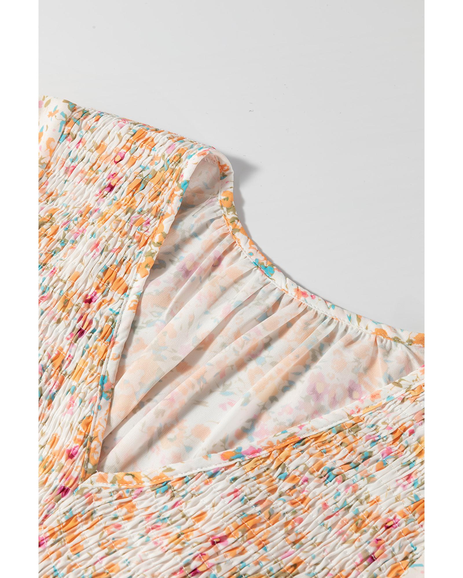 Yellow Boho Floral V Neck Ruffled Empire Waist Long Sleeve Mini Dress - L