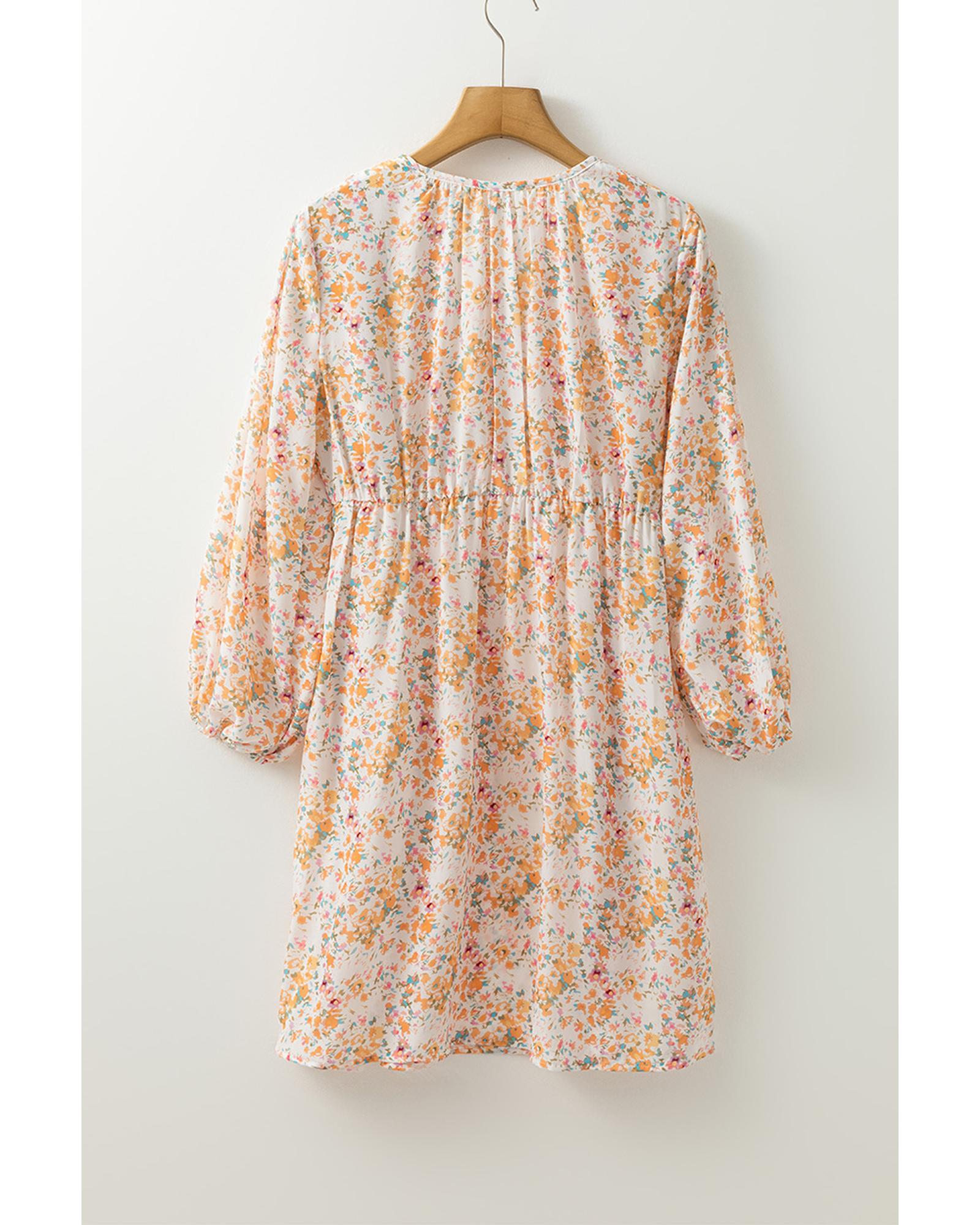 Yellow Boho Floral V Neck Ruffled Empire Waist Long Sleeve Mini Dress - L