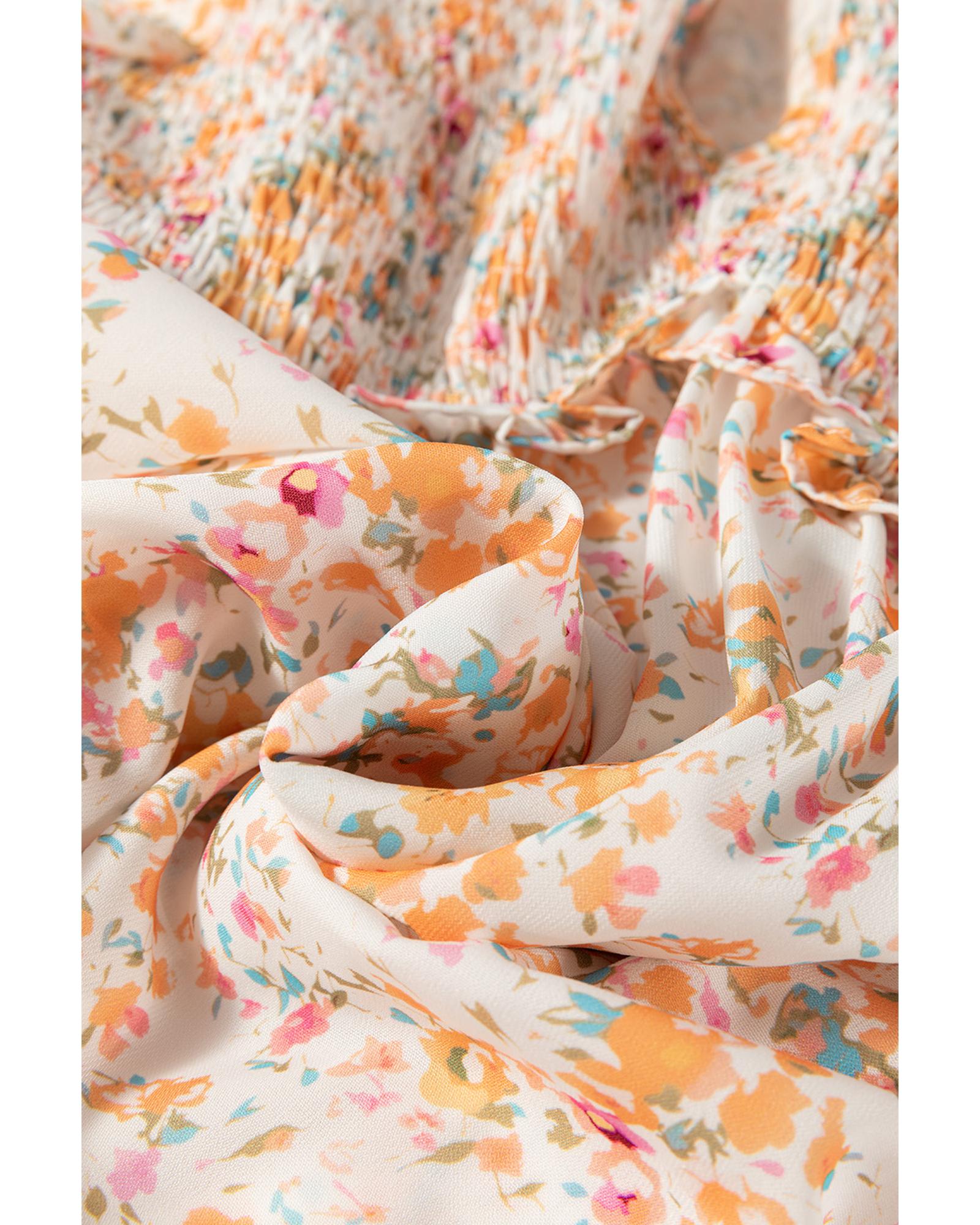 Yellow Boho Floral V Neck Ruffled Empire Waist Long Sleeve Mini Dress - L