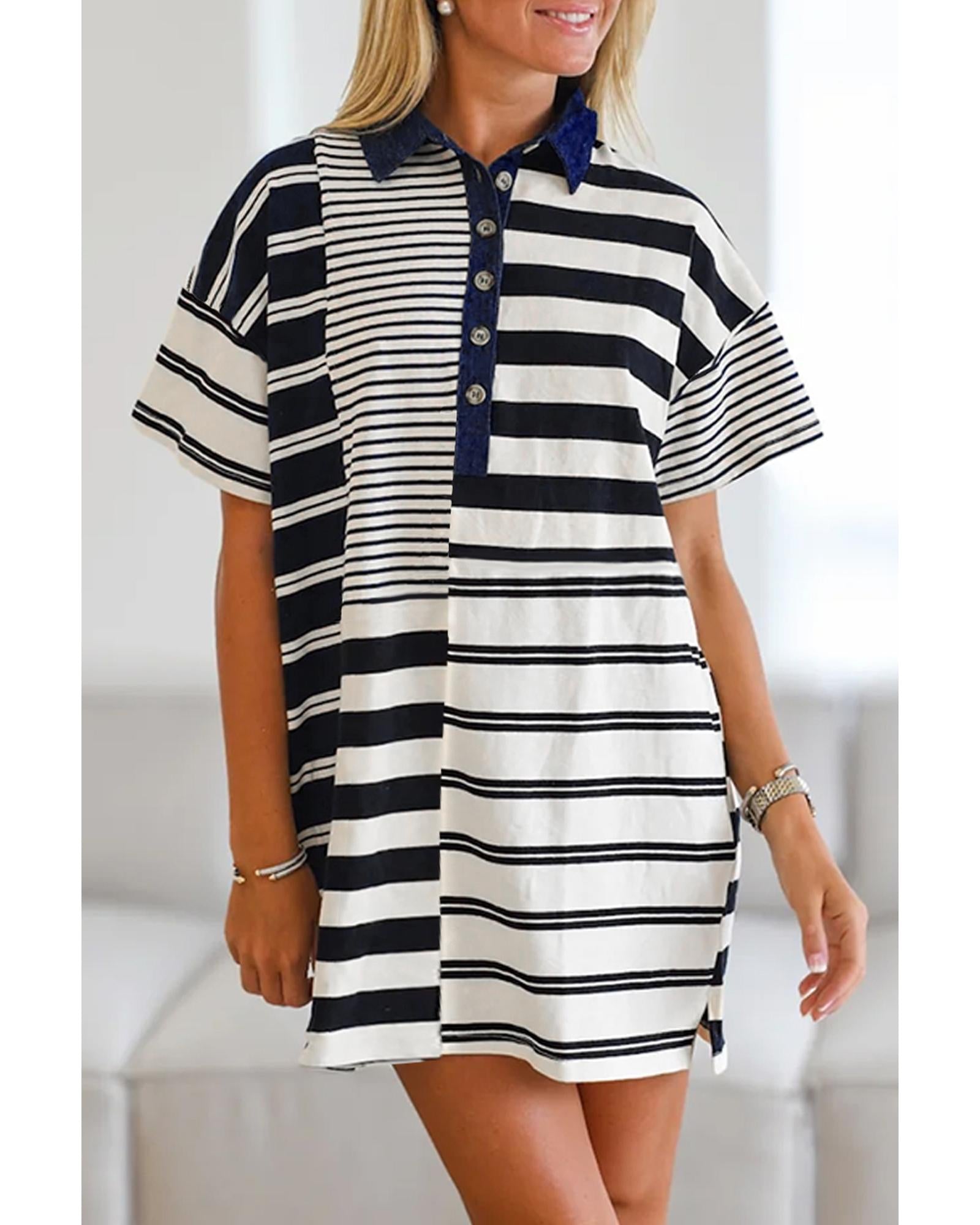 Black Stripe Half Placket Polo T Shirt Dress - L