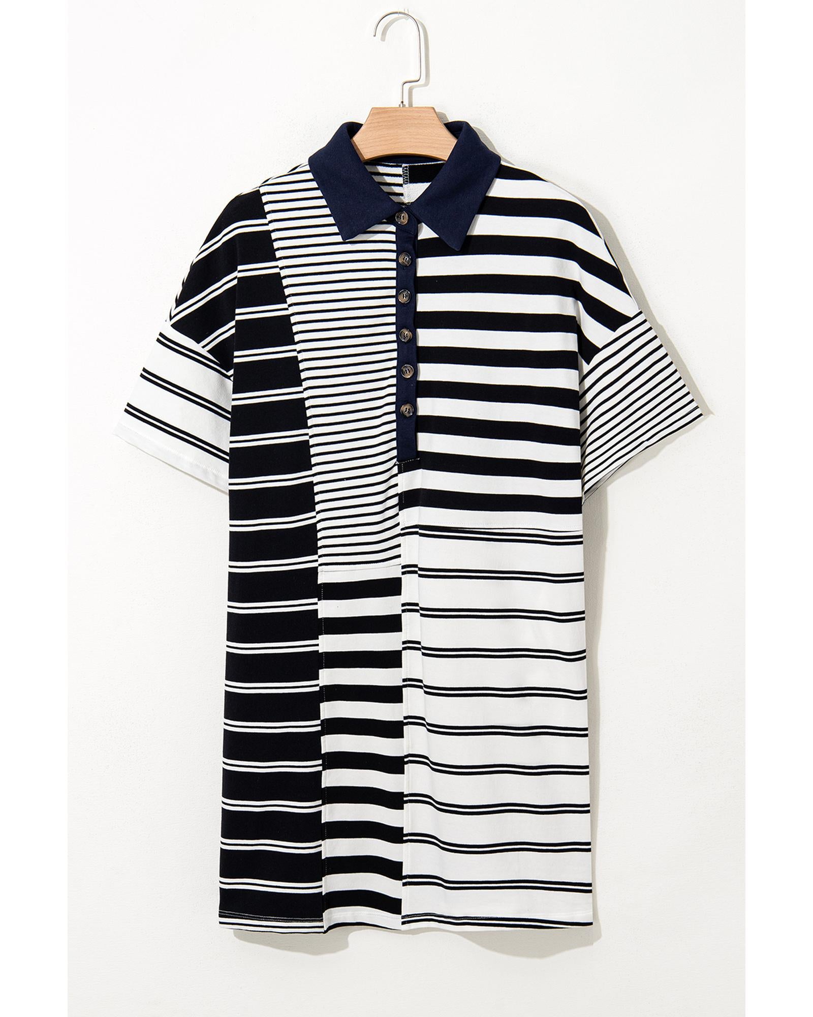 Black Stripe Half Placket Polo T Shirt Dress - L