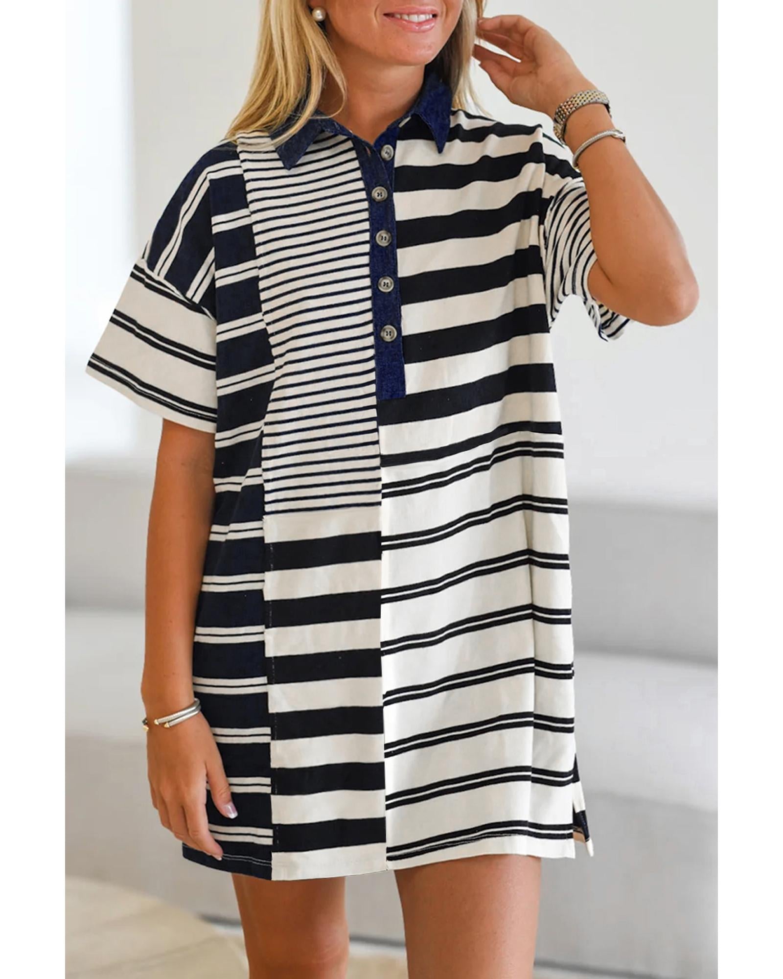 Black Stripe Half Placket Polo T Shirt Dress - S