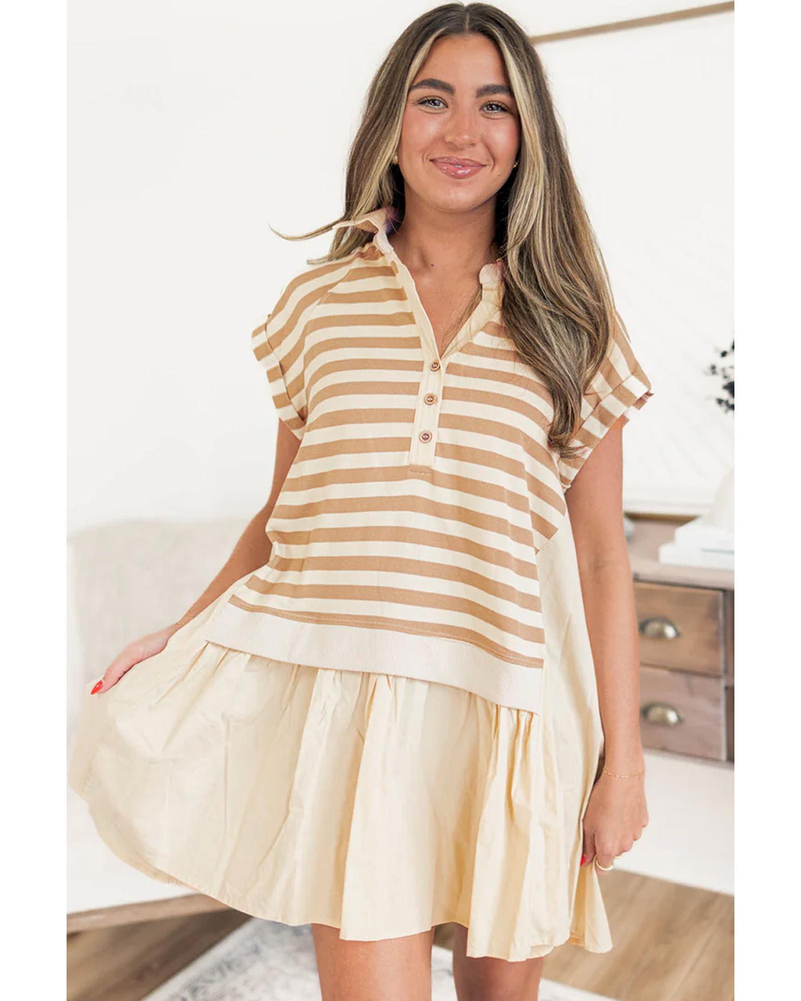 Khaki Stripe Two-in-one Collared Cap Sleeve Patchwork Loose Mini Dress - XL