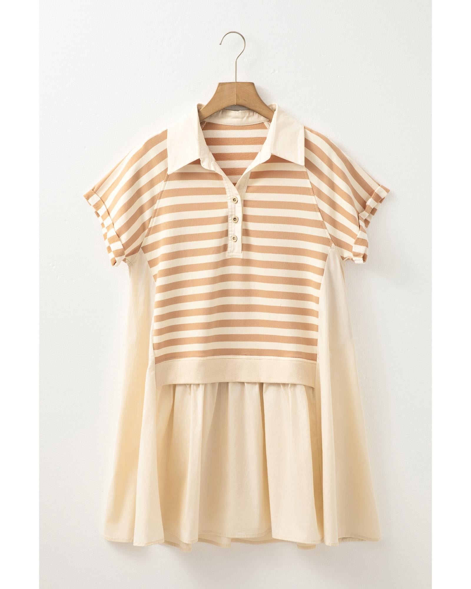 Khaki Stripe Two-in-one Collared Cap Sleeve Patchwork Loose Mini Dress - XL