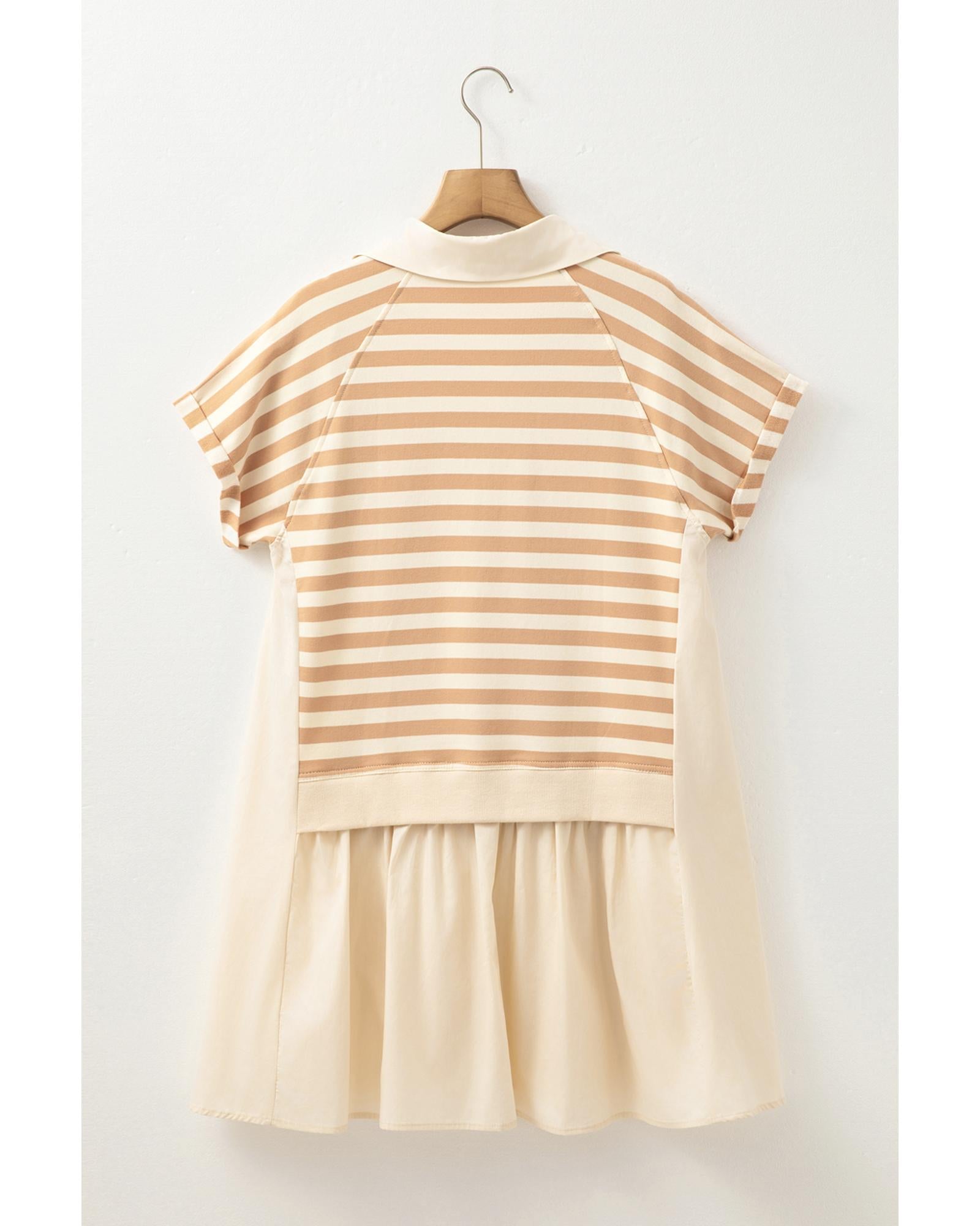 Khaki Stripe Two-in-one Collared Cap Sleeve Patchwork Loose Mini Dress - XL