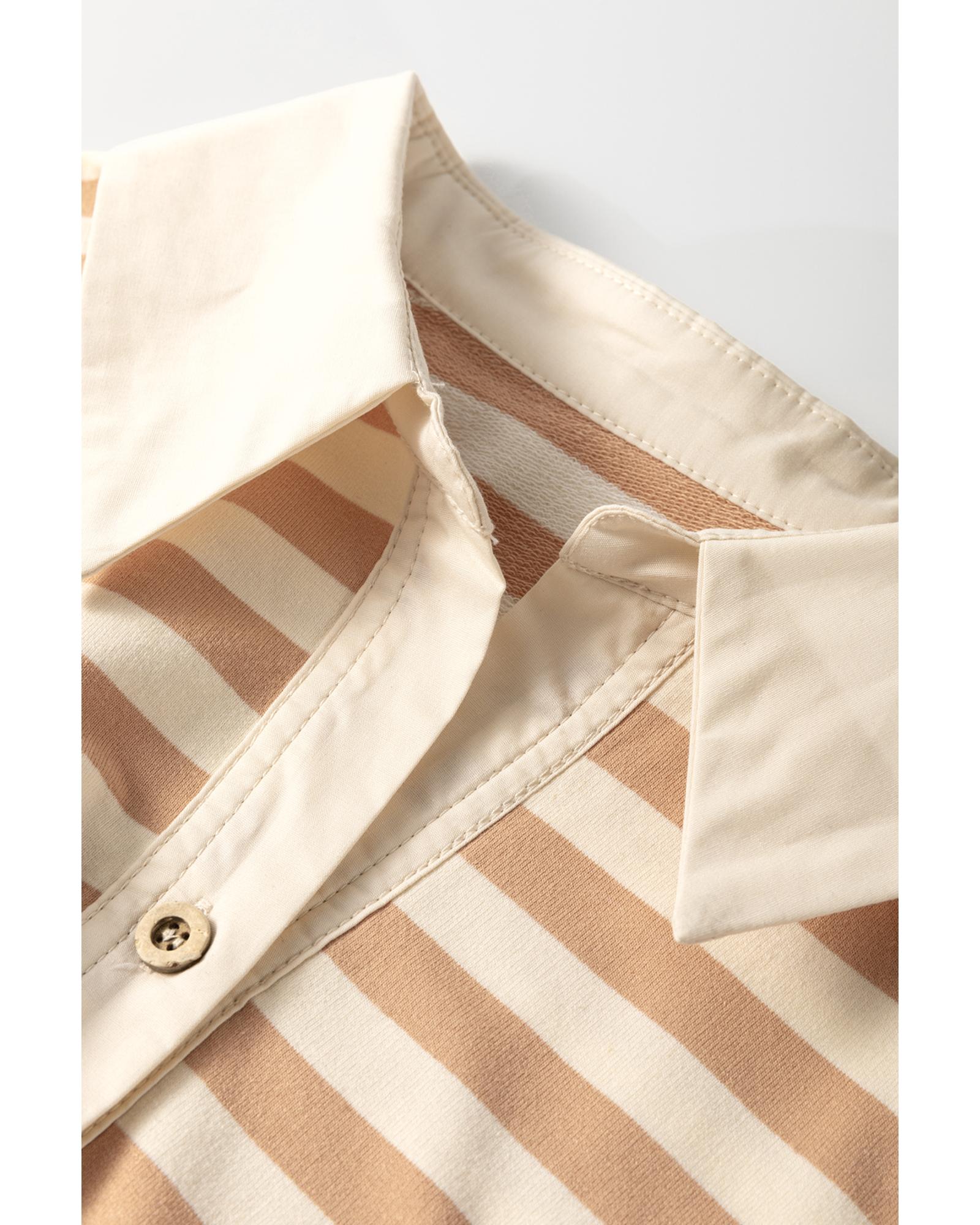 Khaki Stripe Two-in-one Collared Cap Sleeve Patchwork Loose Mini Dress - XL