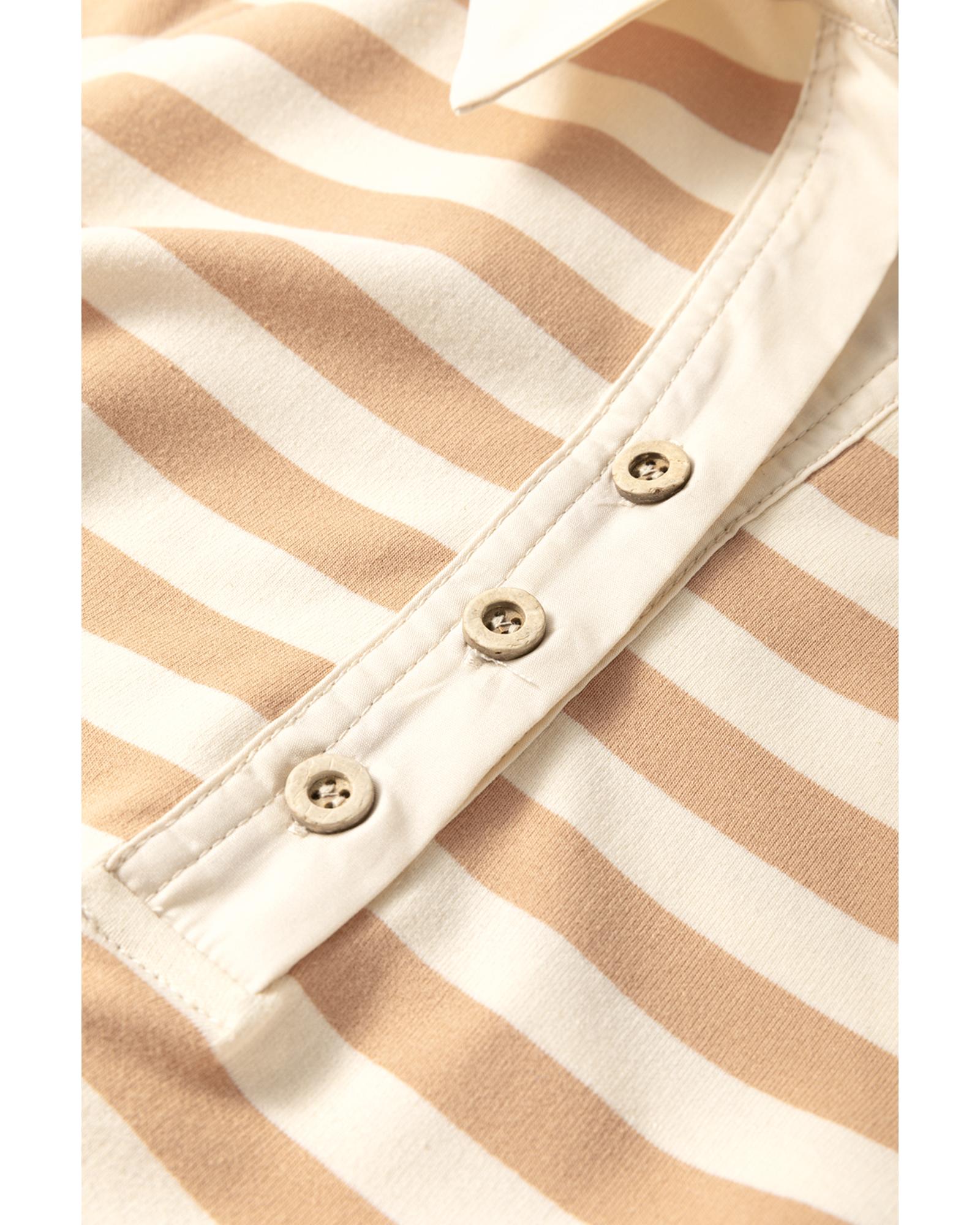 Khaki Stripe Two-in-one Collared Cap Sleeve Patchwork Loose Mini Dress - XL