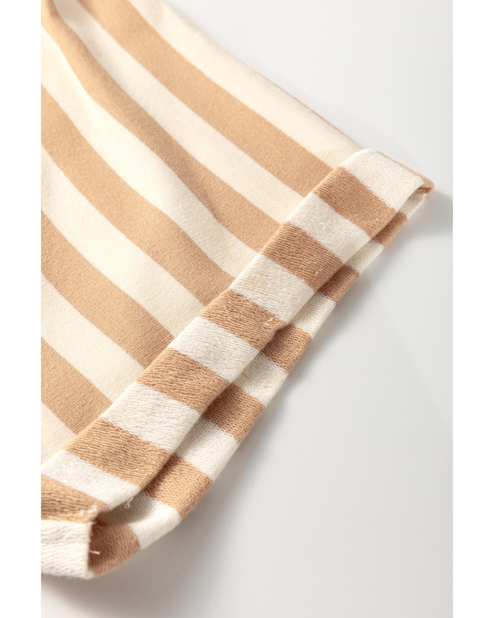 Khaki Stripe Two-in-one Collared Cap Sleeve Patchwork Loose Mini Dress - XL