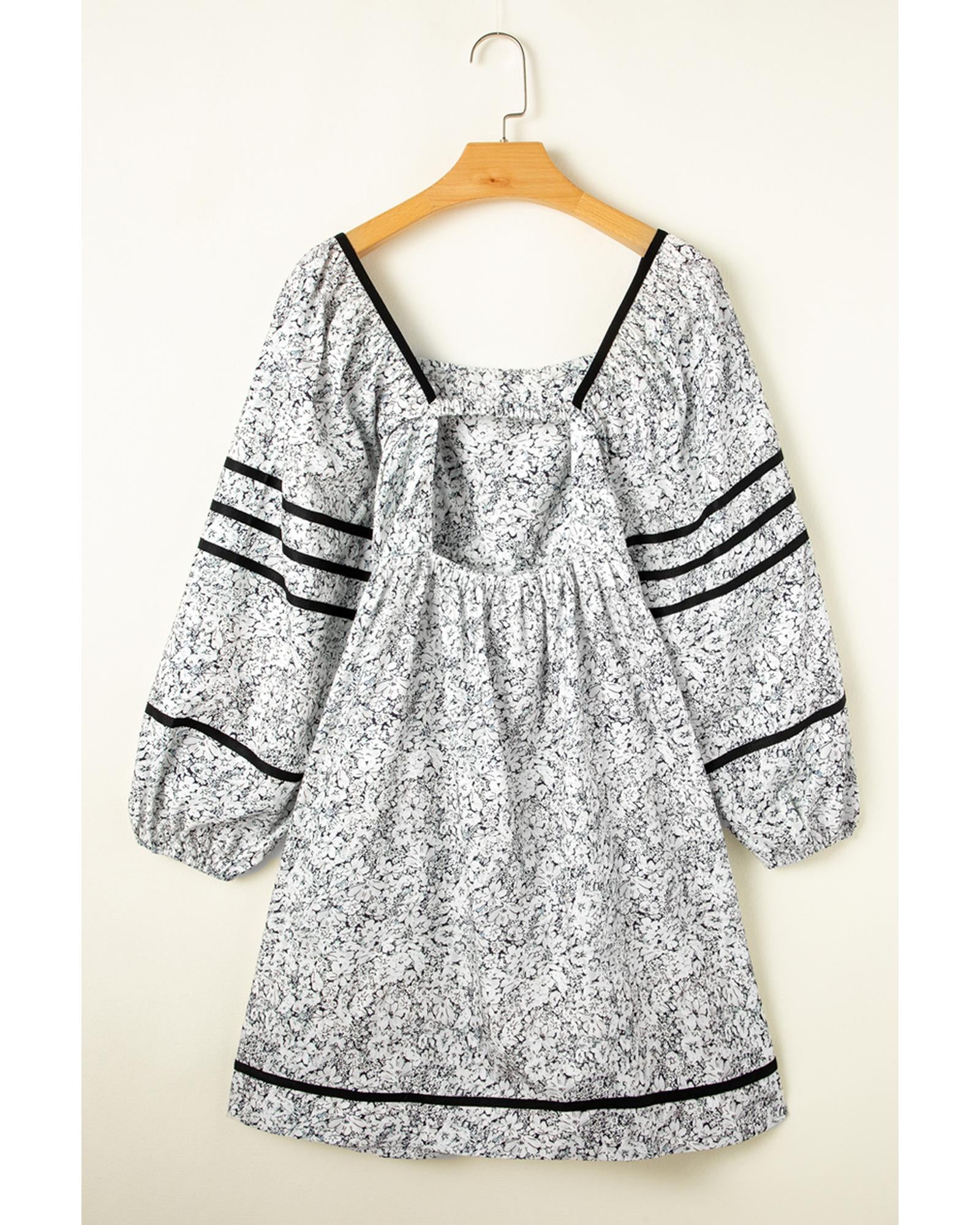 Gray Floral Print Open Back Balloon Sleeve Square Neck Mini Dress - L