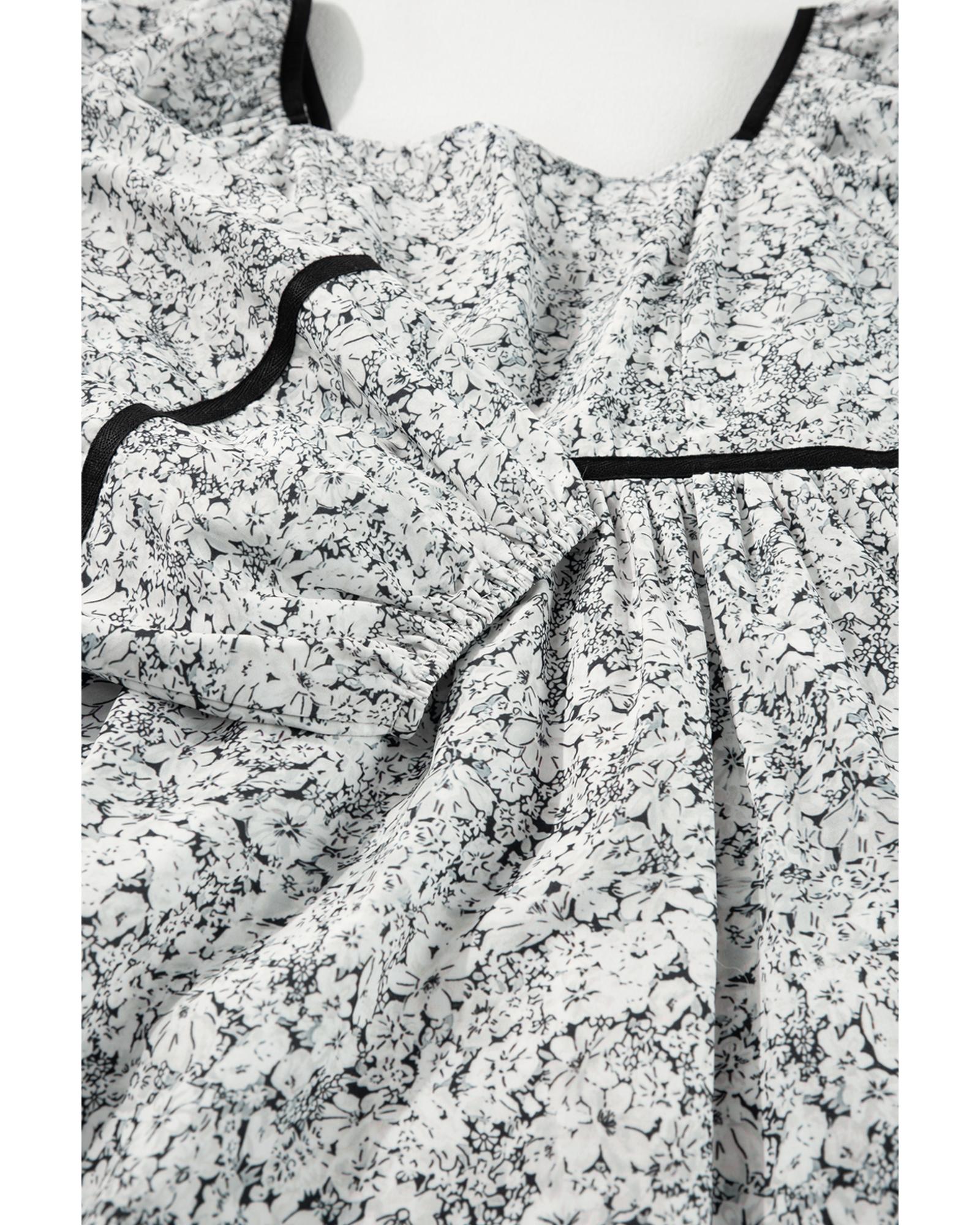 Gray Floral Print Open Back Balloon Sleeve Square Neck Mini Dress - L