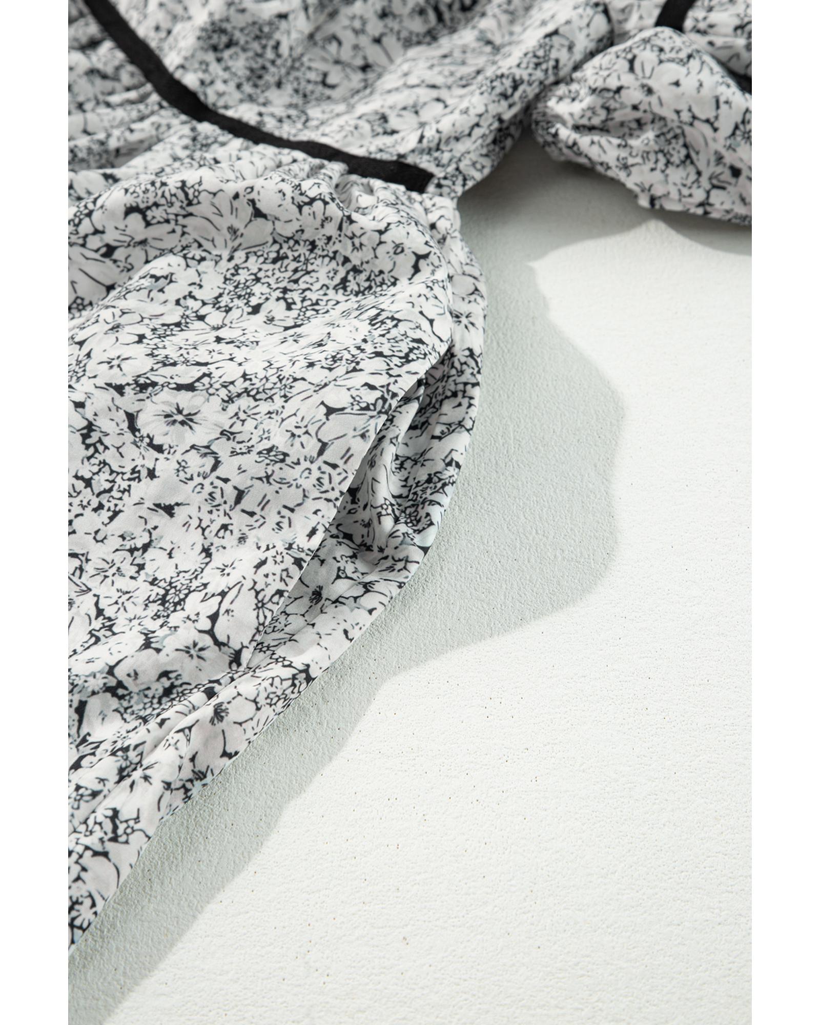 Gray Floral Print Open Back Balloon Sleeve Square Neck Mini Dress - L