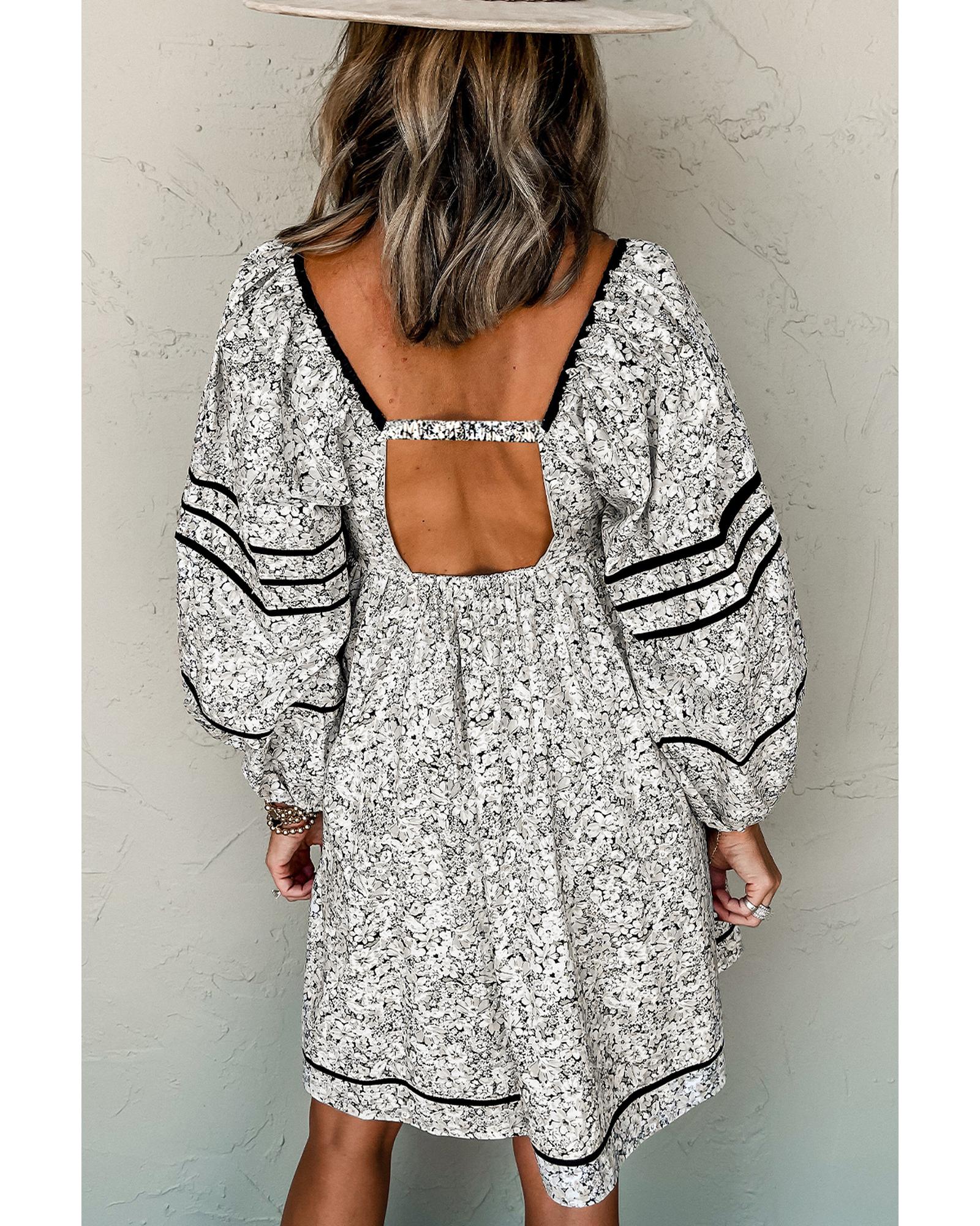 Gray Floral Print Open Back Balloon Sleeve Square Neck Mini Dress - L