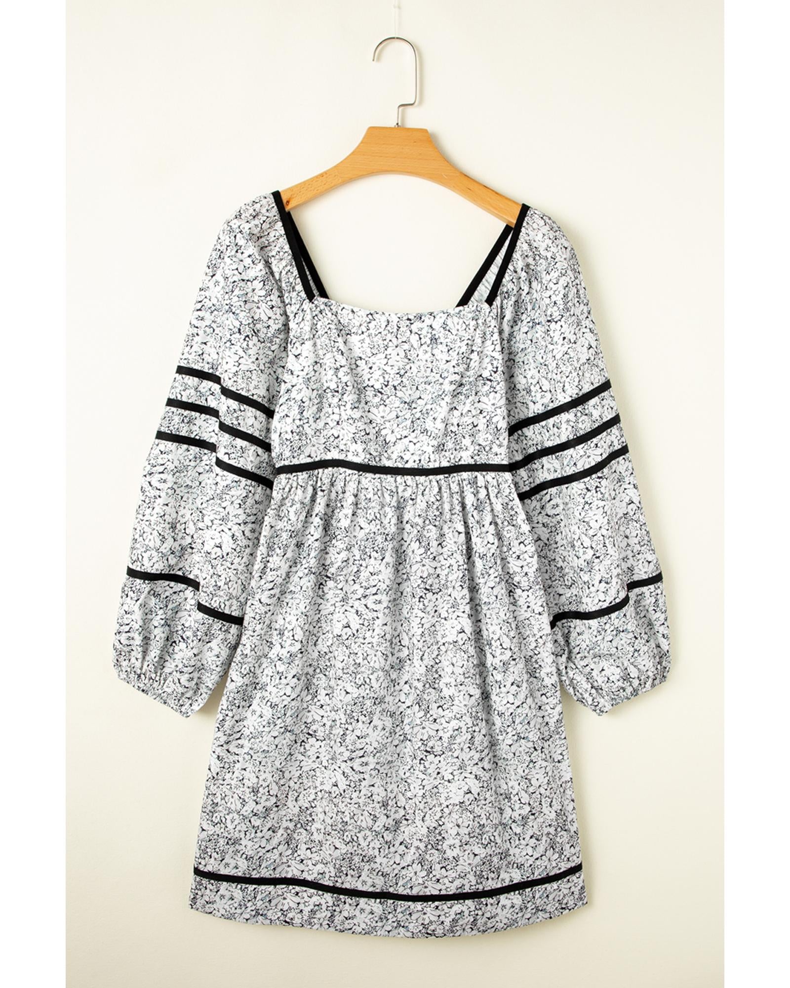 Gray Floral Print Open Back Balloon Sleeve Square Neck Mini Dress - L