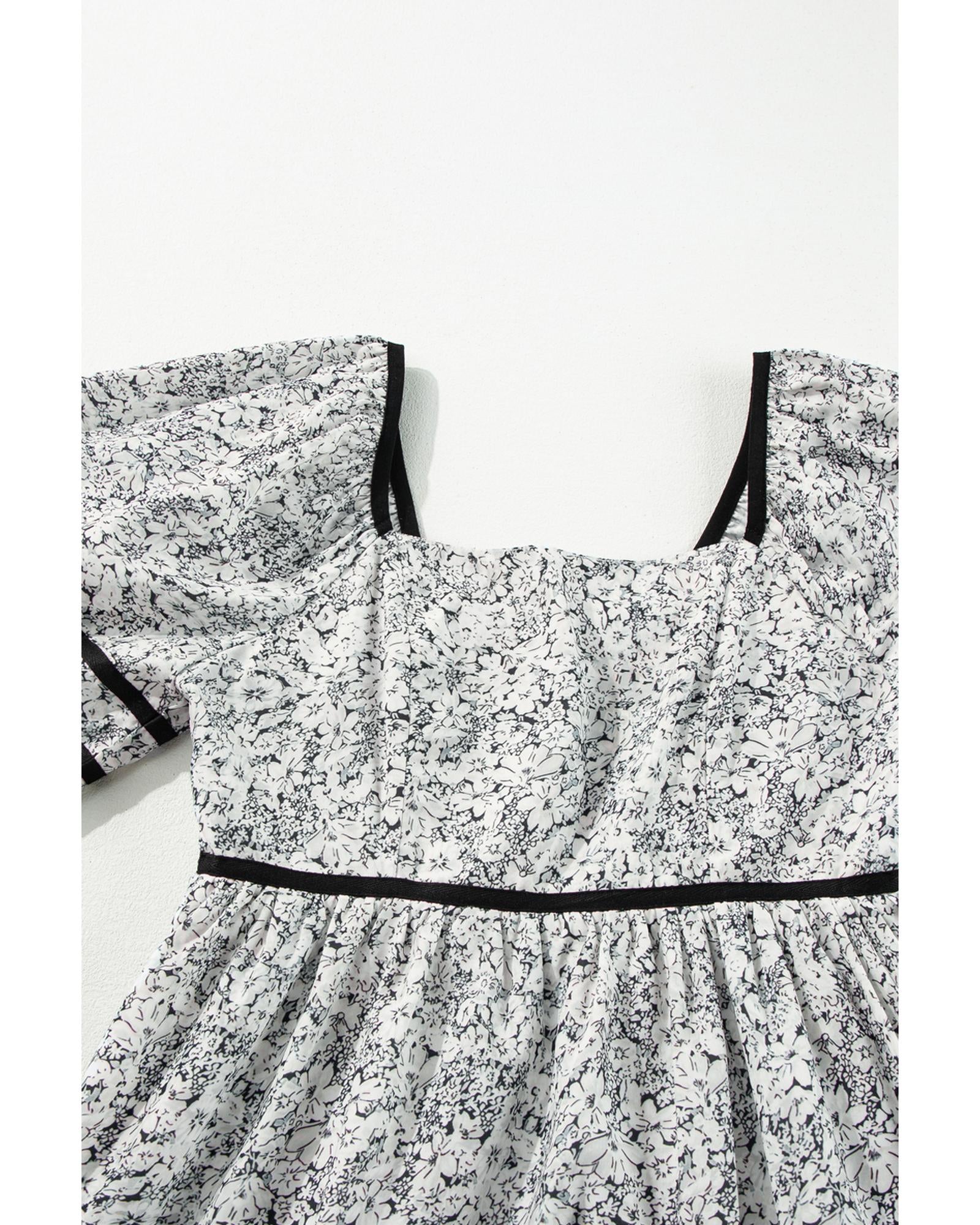 Gray Floral Print Open Back Balloon Sleeve Square Neck Mini Dress - L