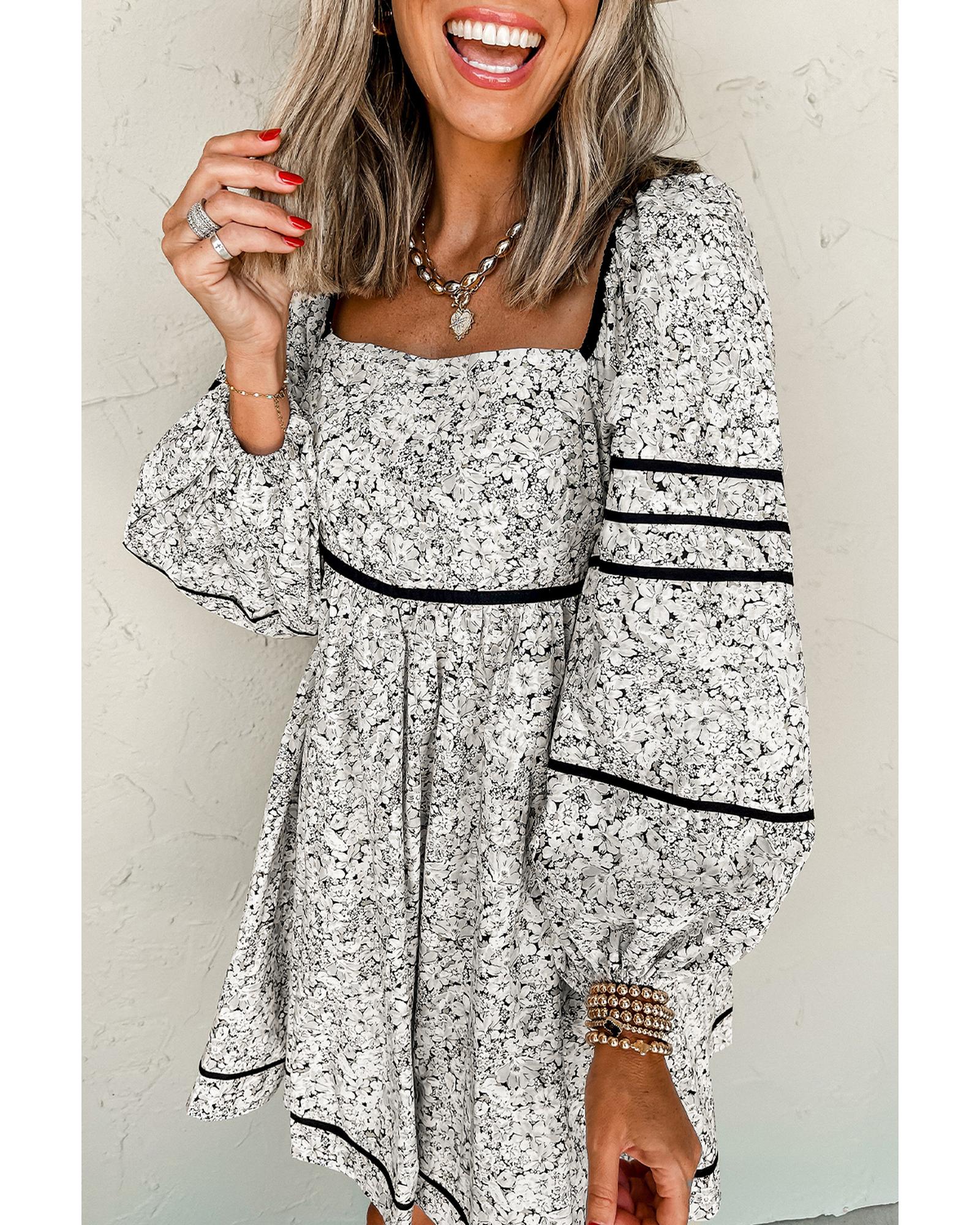 Gray Floral Print Open Back Balloon Sleeve Square Neck Mini Dress - L