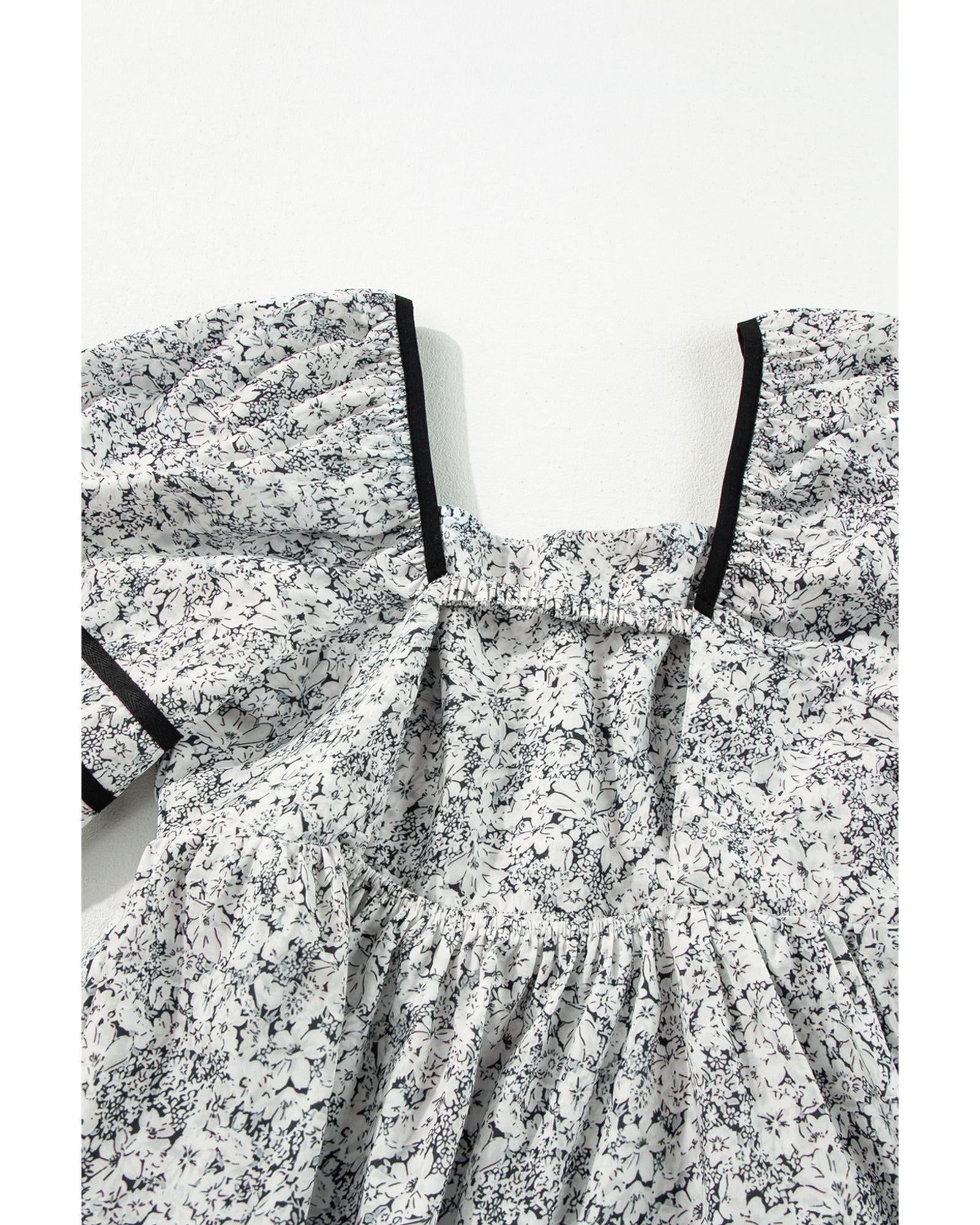 Gray Floral Print Open Back Balloon Sleeve Square Neck Mini Dress - L