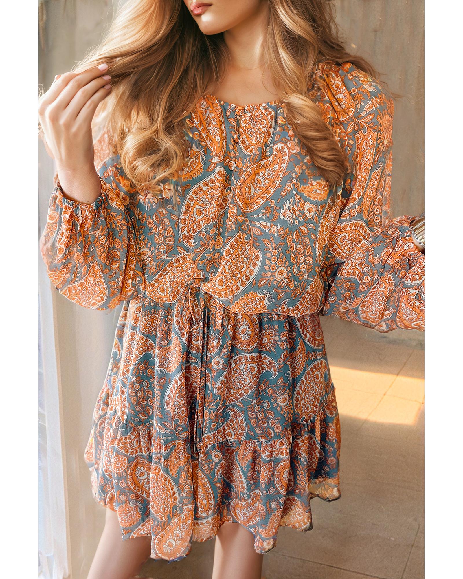 Orange Paisley Print Loose Fit Drawstring High Waist Mini Dress - M