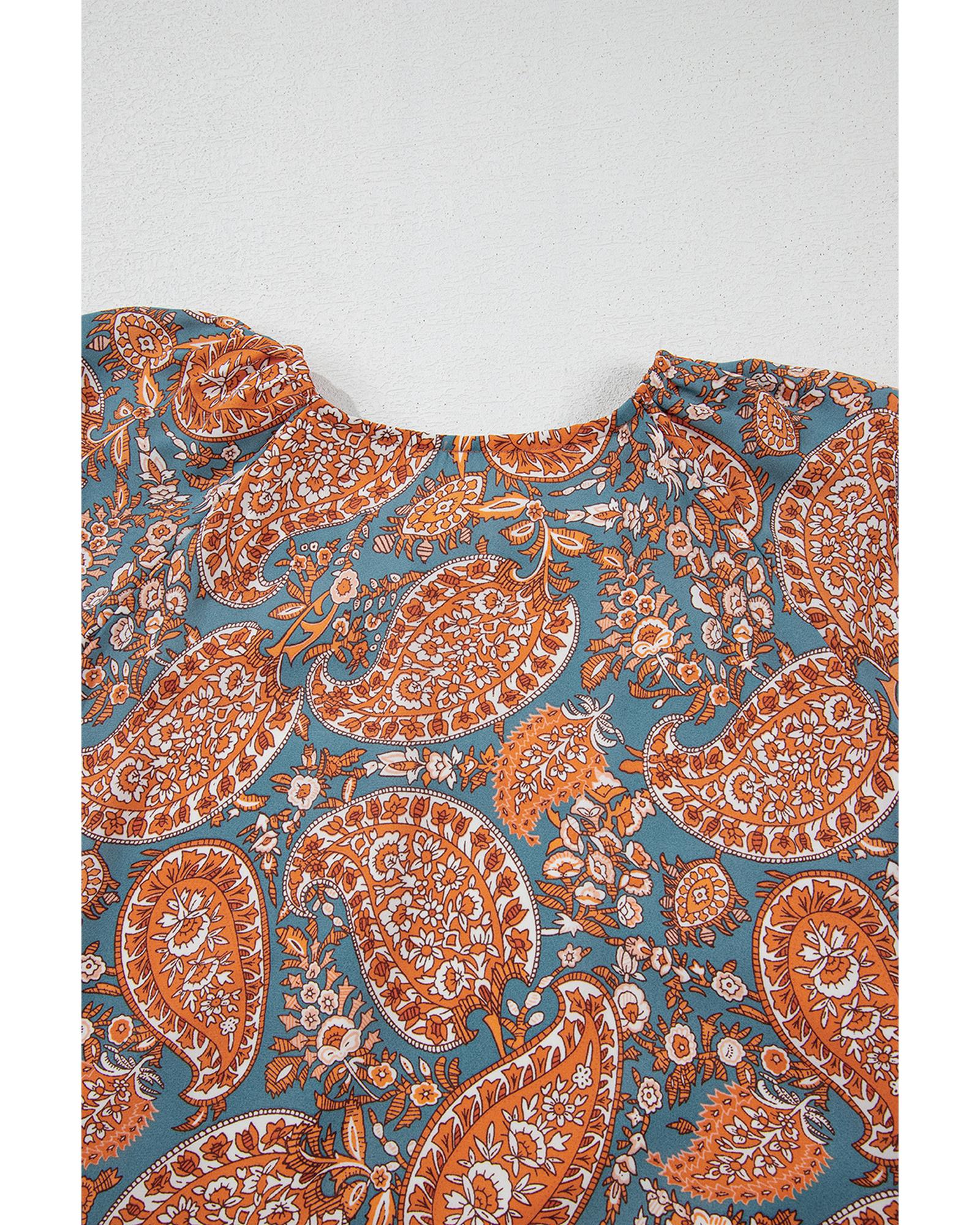 Orange Paisley Print Loose Fit Drawstring High Waist Mini Dress - S