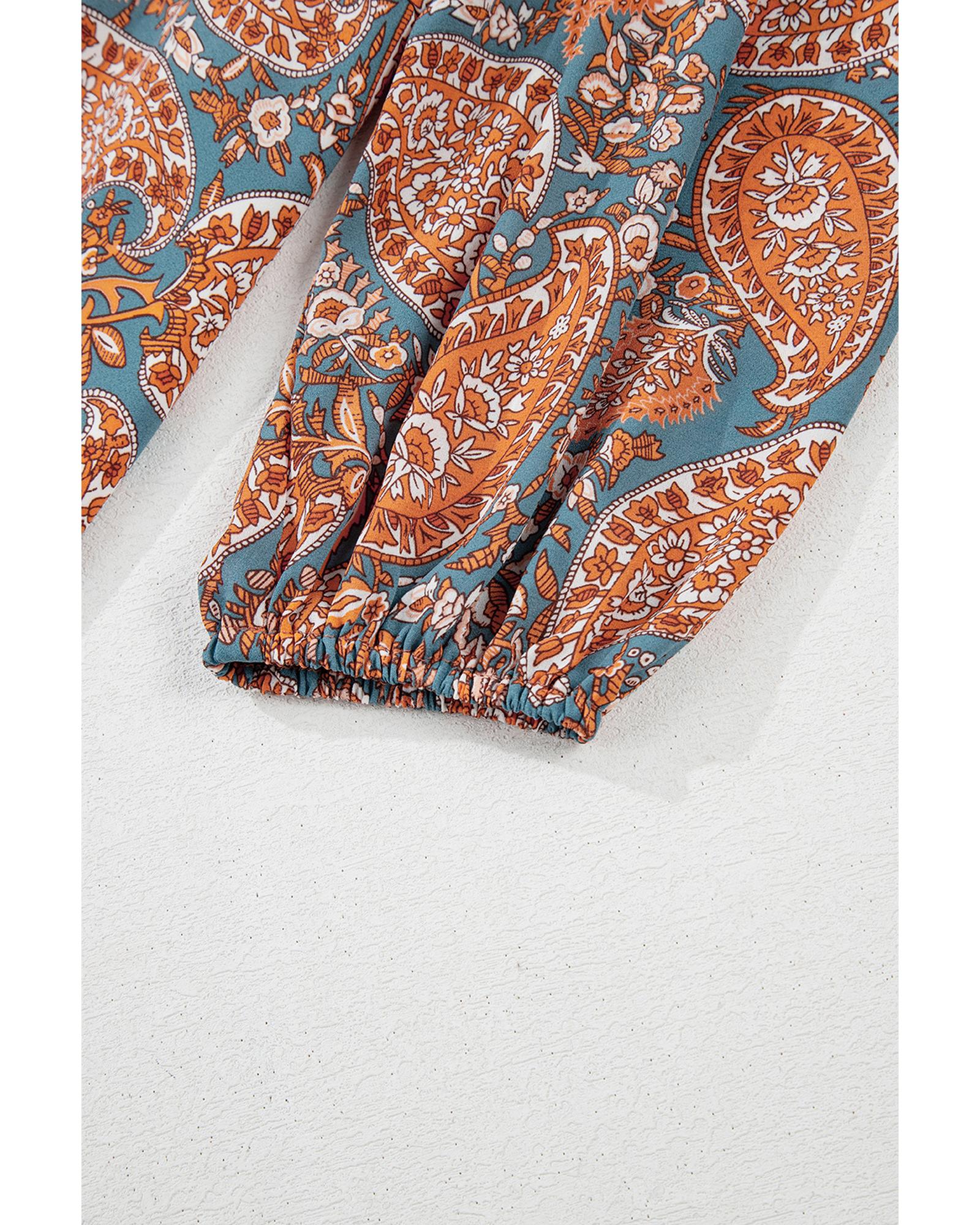 Orange Paisley Print Loose Fit Drawstring High Waist Mini Dress - S