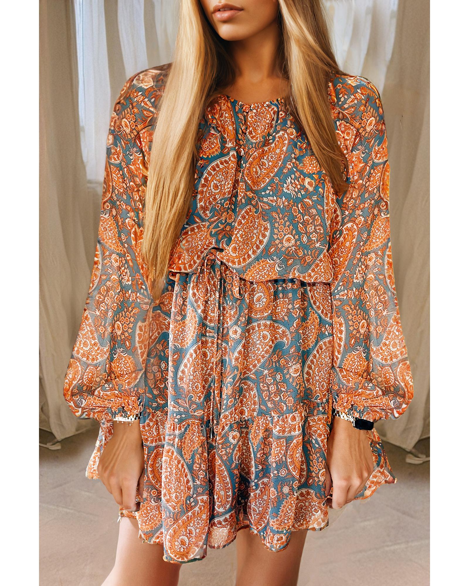 Orange Paisley Print Loose Fit Drawstring High Waist Mini Dress - S