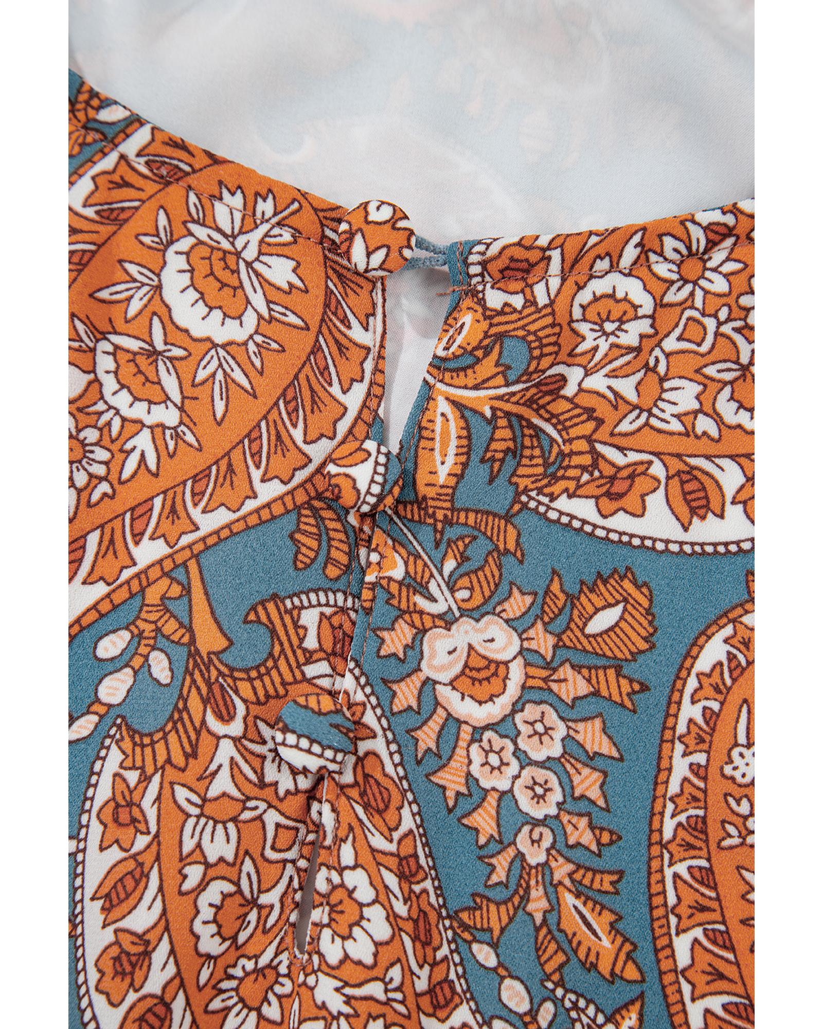 Orange Paisley Print Loose Fit Drawstring High Waist Mini Dress - S