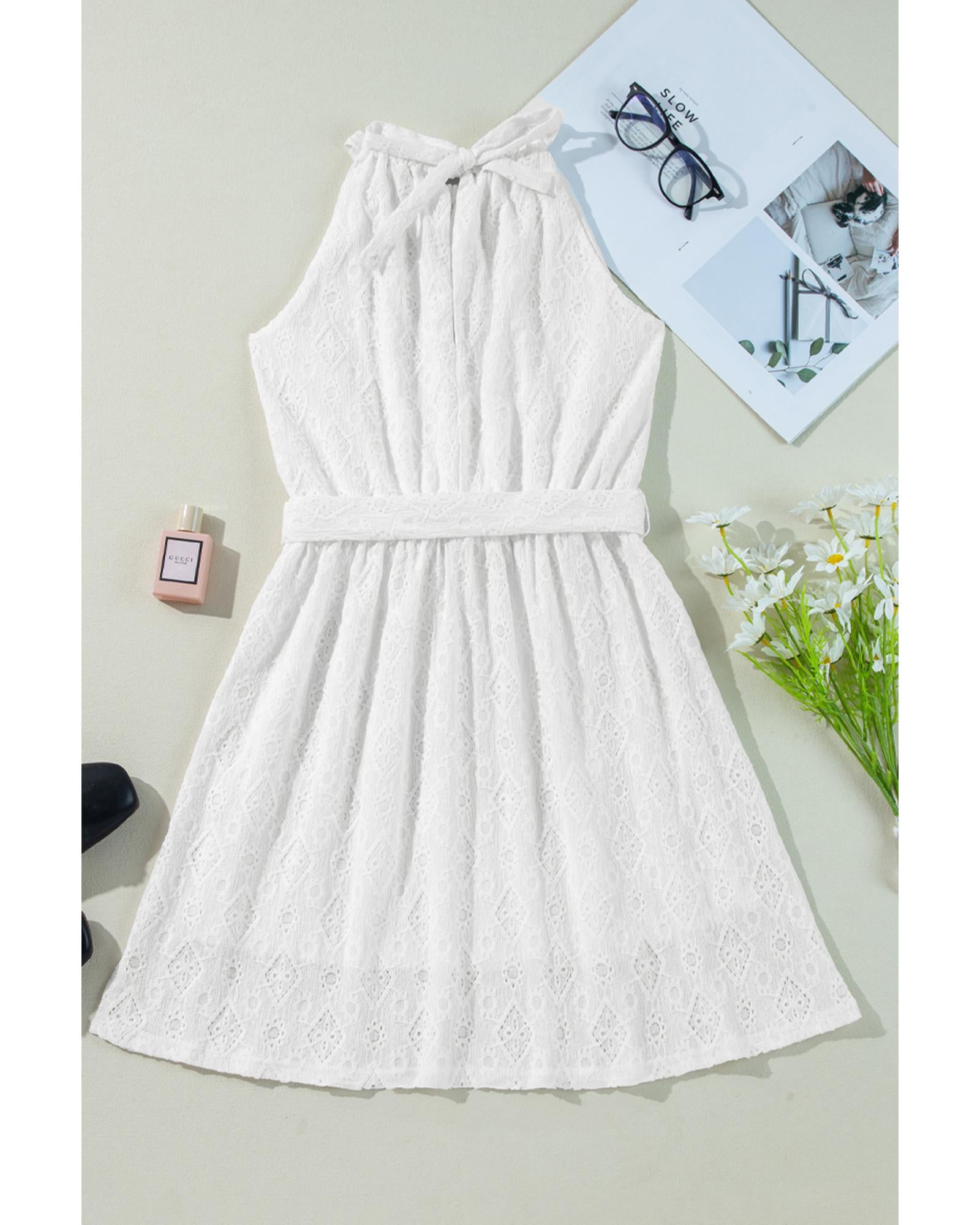 White Lace Sleeveless Knot Hollow Out Back Tied Waist Mini Dress - L