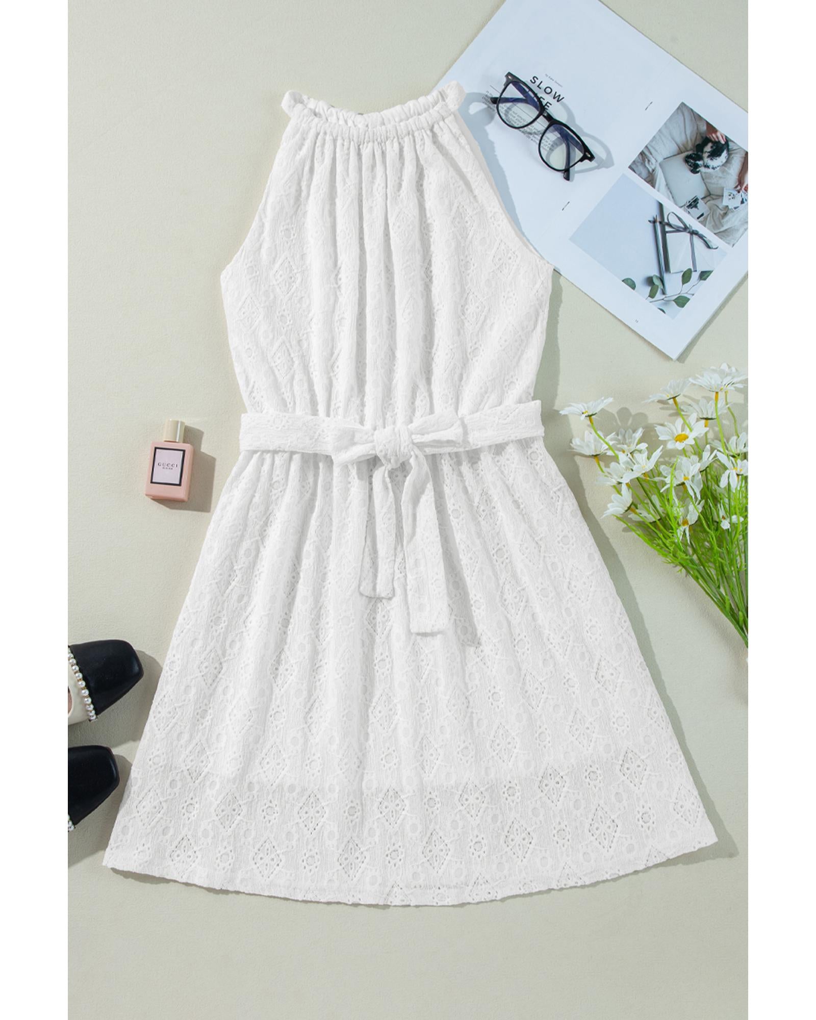 White Lace Sleeveless Knot Hollow Out Back Tied Waist Mini Dress - XL