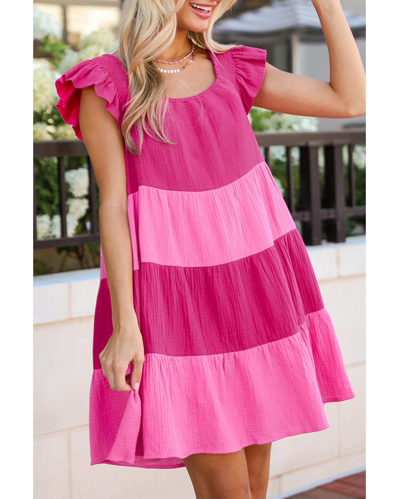 Pink Crinkled Colorblock Patchwork Flutter Tiered Mini Dress - L