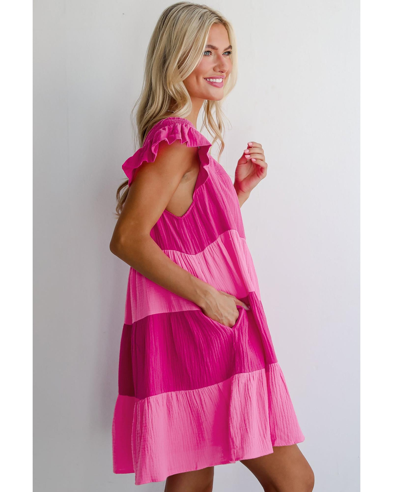 Pink Crinkled Colorblock Patchwork Flutter Tiered Mini Dress - L