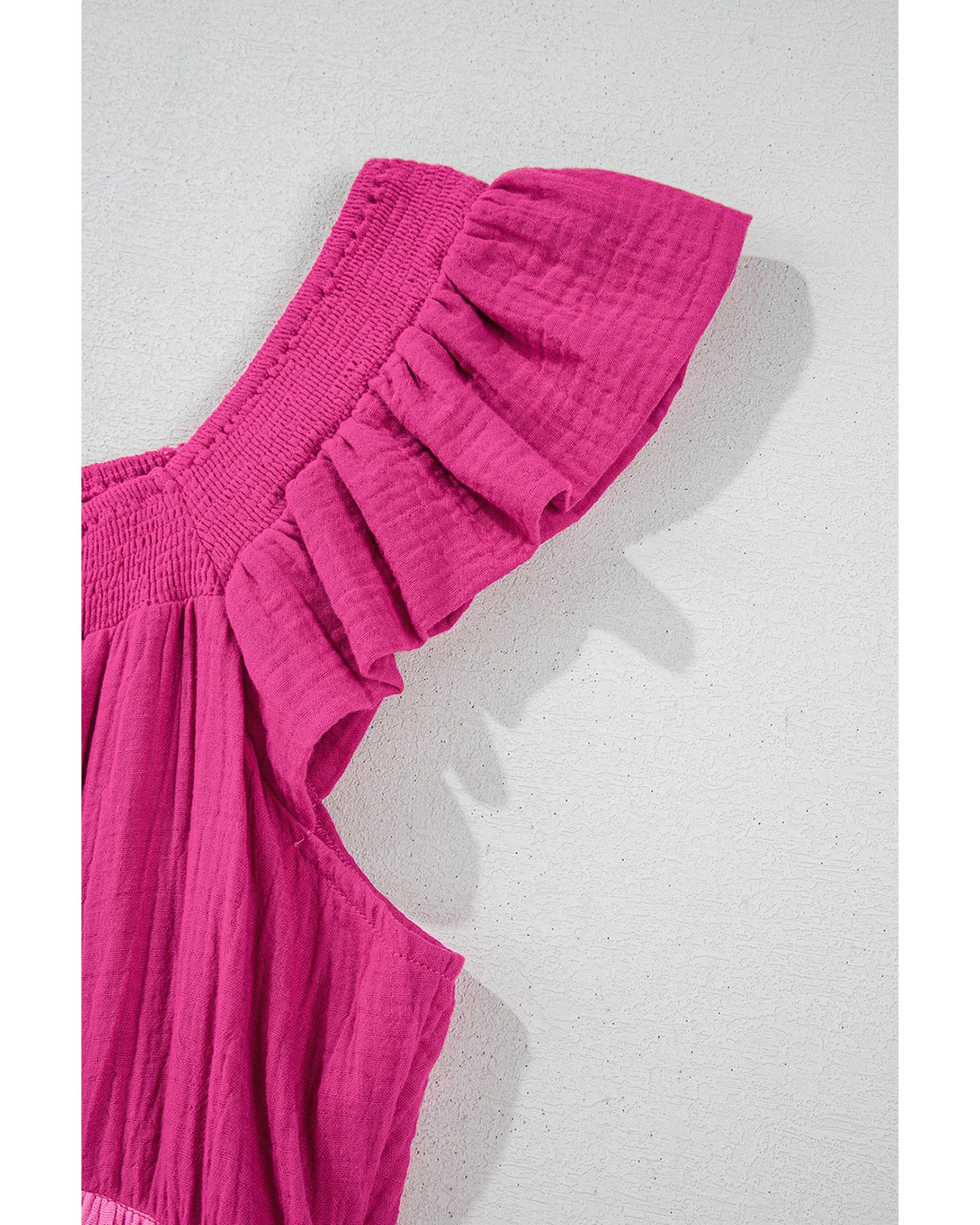 Pink Crinkled Colorblock Patchwork Flutter Tiered Mini Dress - L