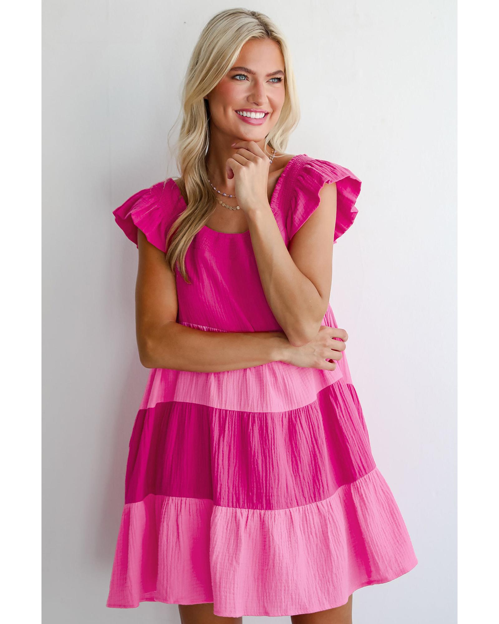 Pink Crinkled Colorblock Patchwork Flutter Tiered Mini Dress - L