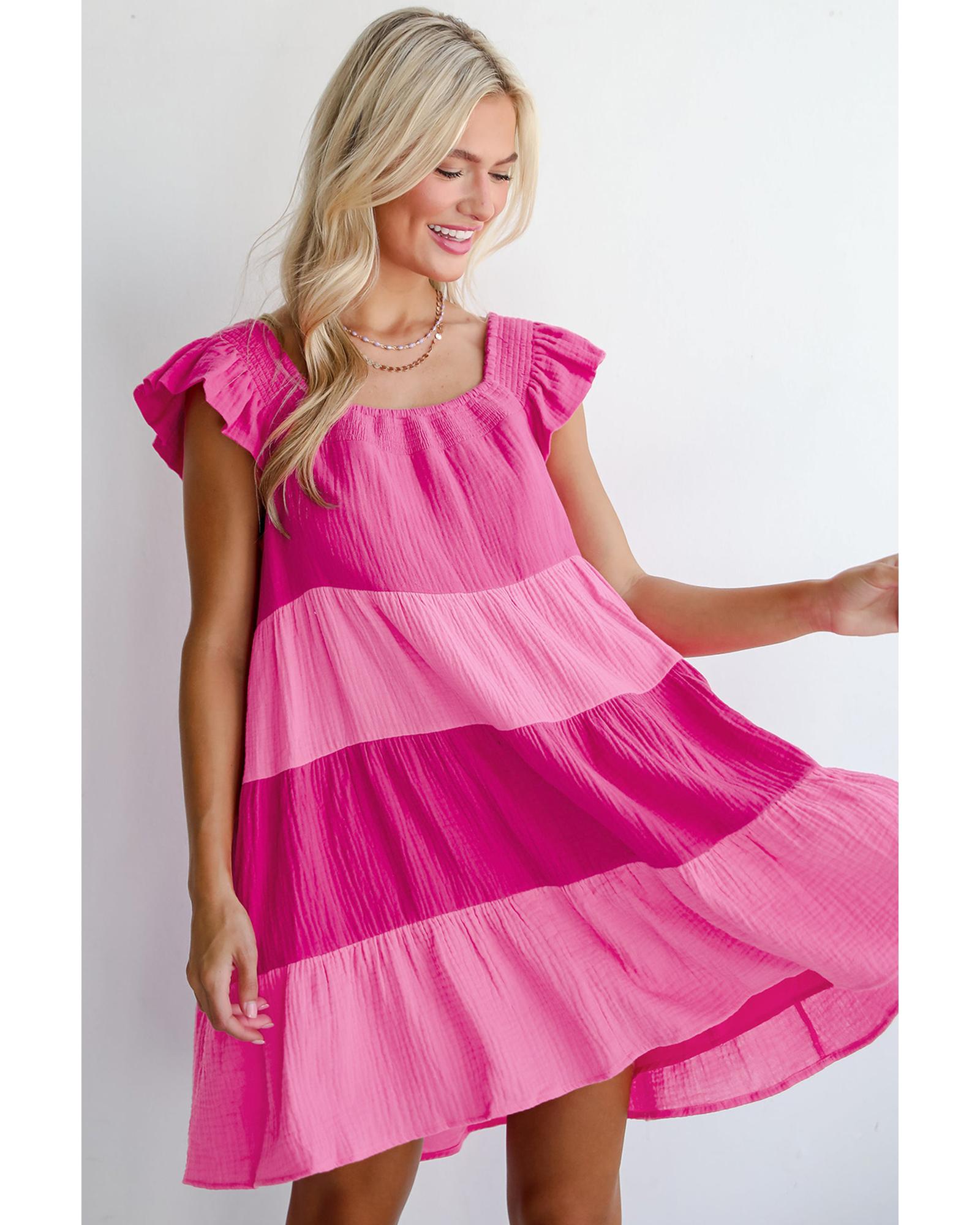 Pink Crinkled Colorblock Patchwork Flutter Tiered Mini Dress - S