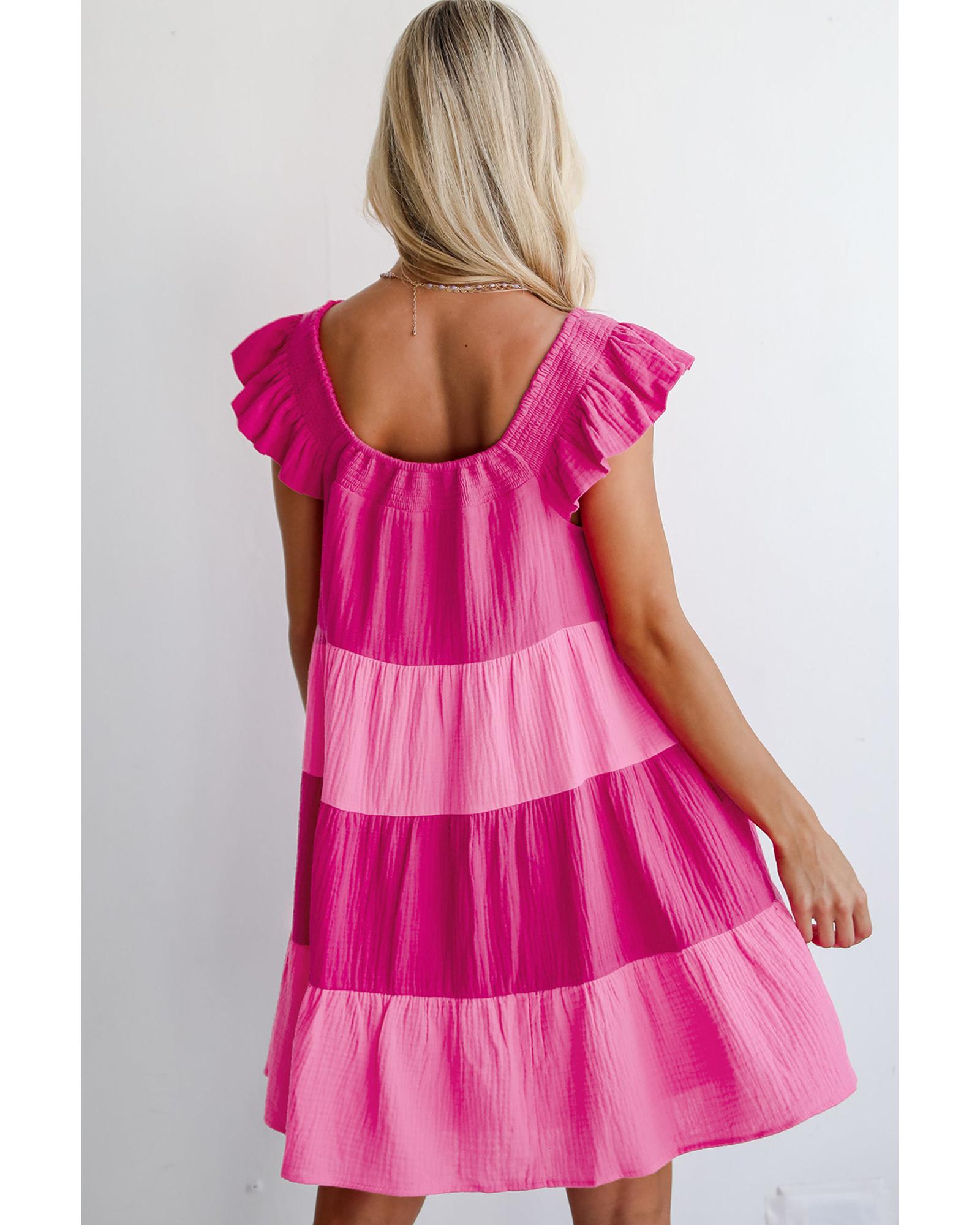 Pink Crinkled Colorblock Patchwork Flutter Tiered Mini Dress - XL