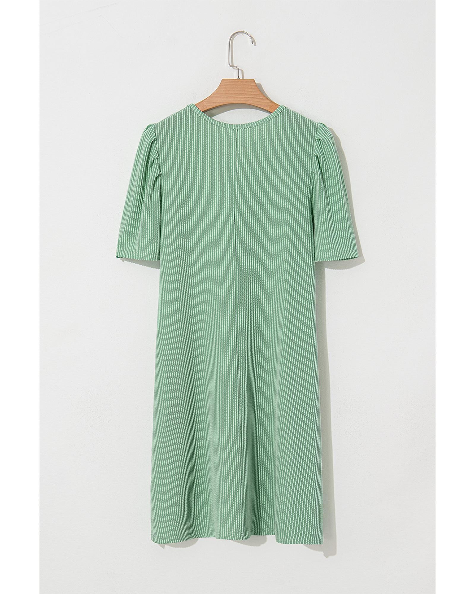 Mint Green Corded Knit Crew Neck Puff Sleeve Shift Mini Dress - L