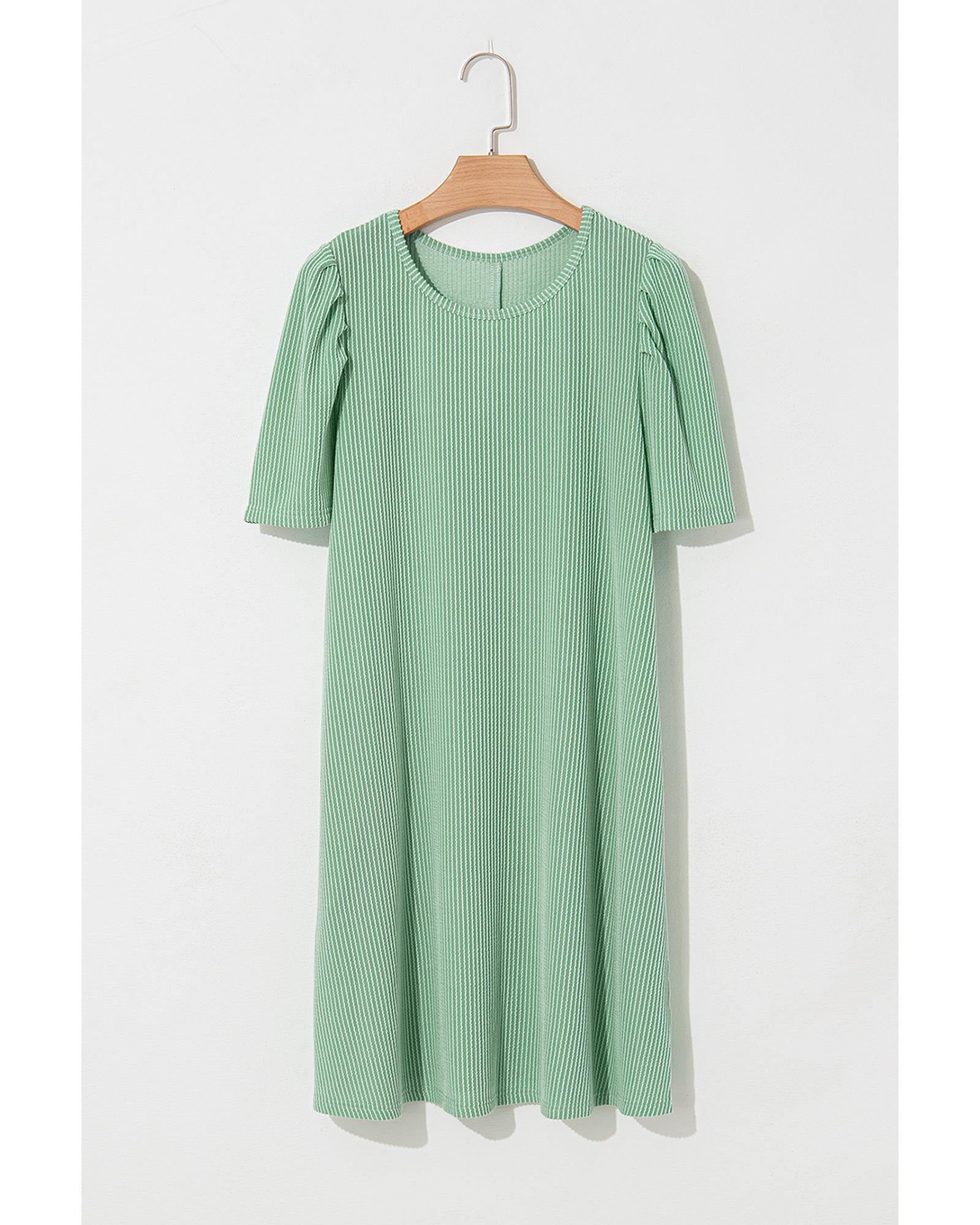 Mint Green Corded Knit Crew Neck Puff Sleeve Shift Mini Dress - L