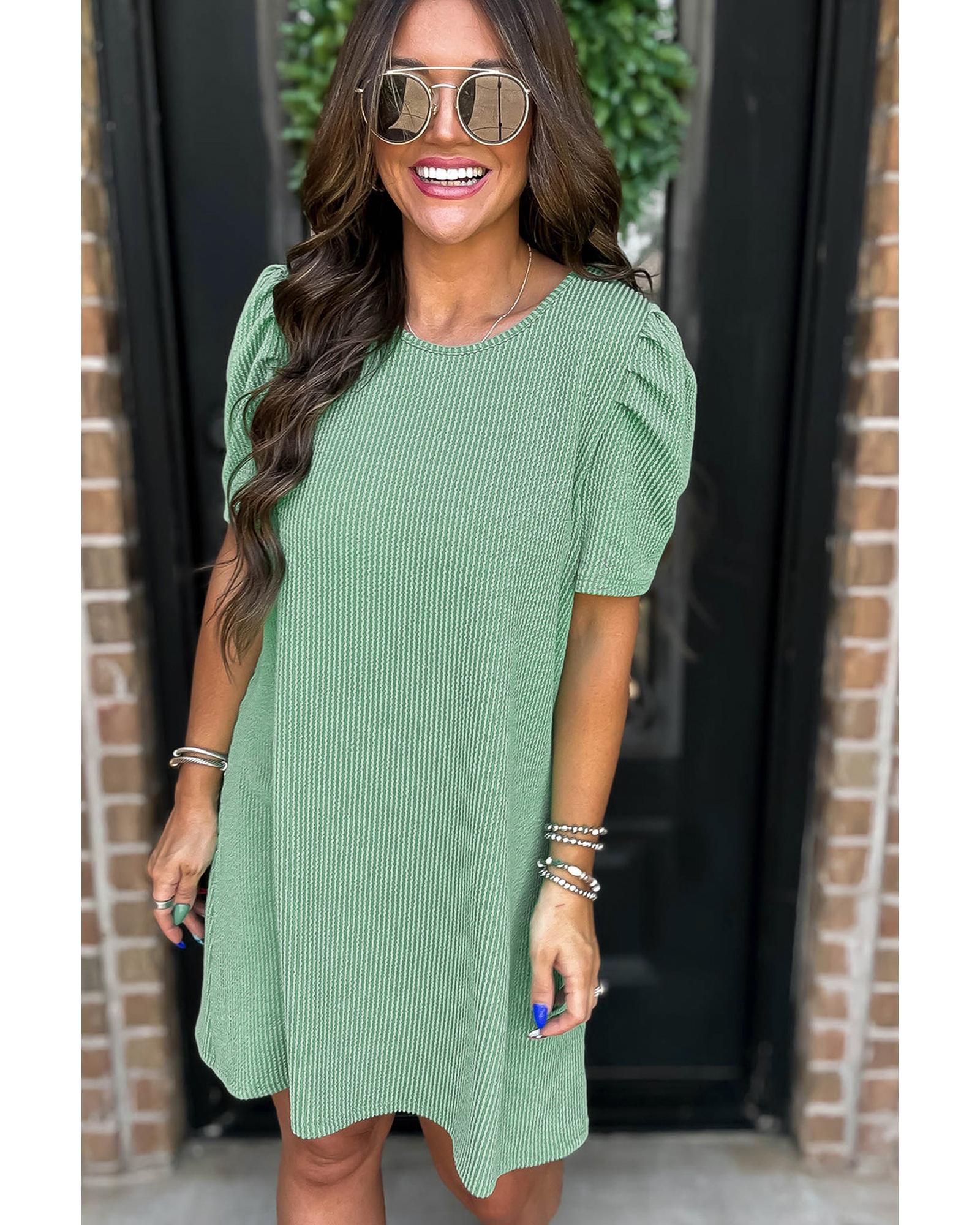 Mint Green Corded Knit Crew Neck Puff Sleeve Shift Mini Dress - M