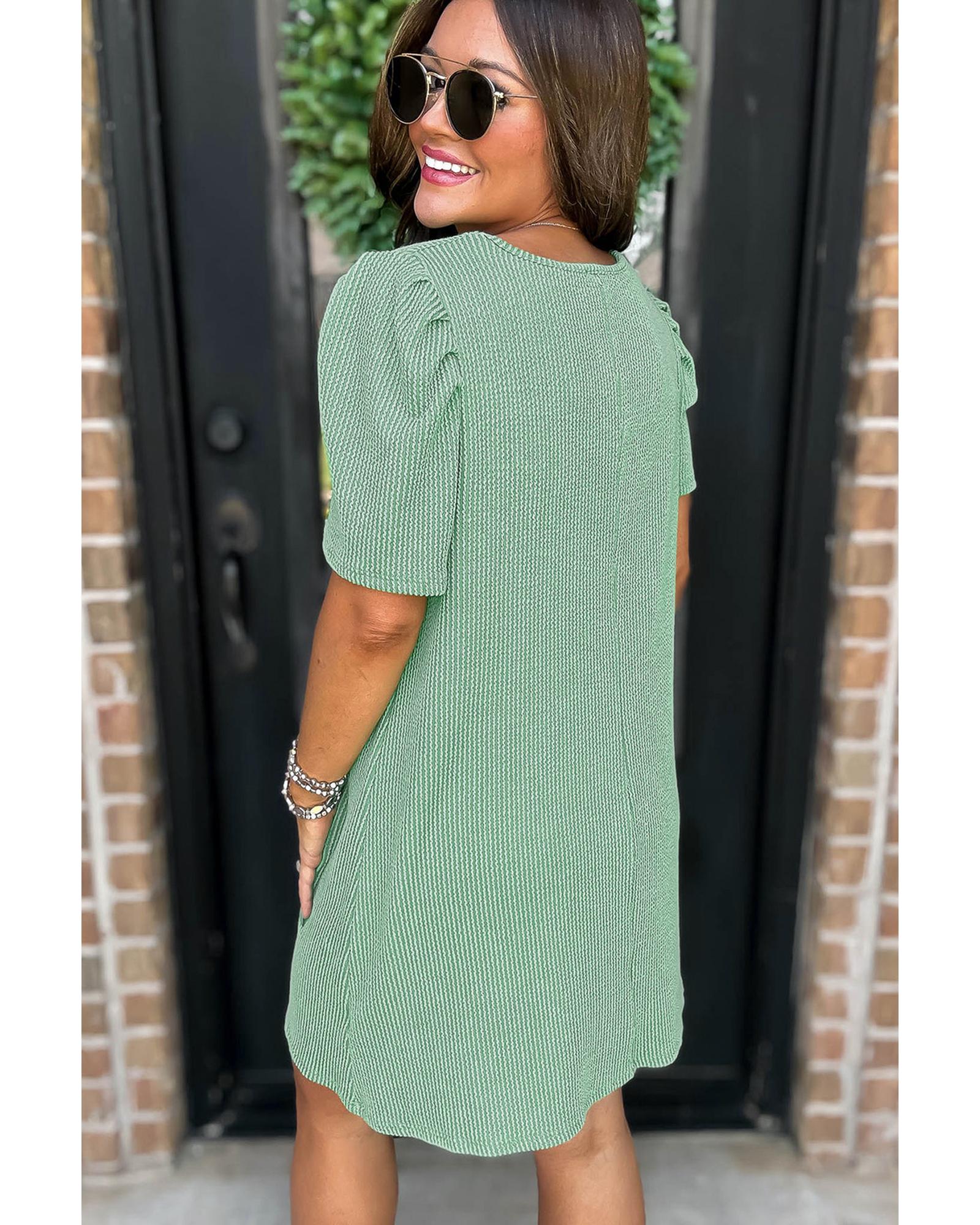 Mint Green Corded Knit Crew Neck Puff Sleeve Shift Mini Dress - M