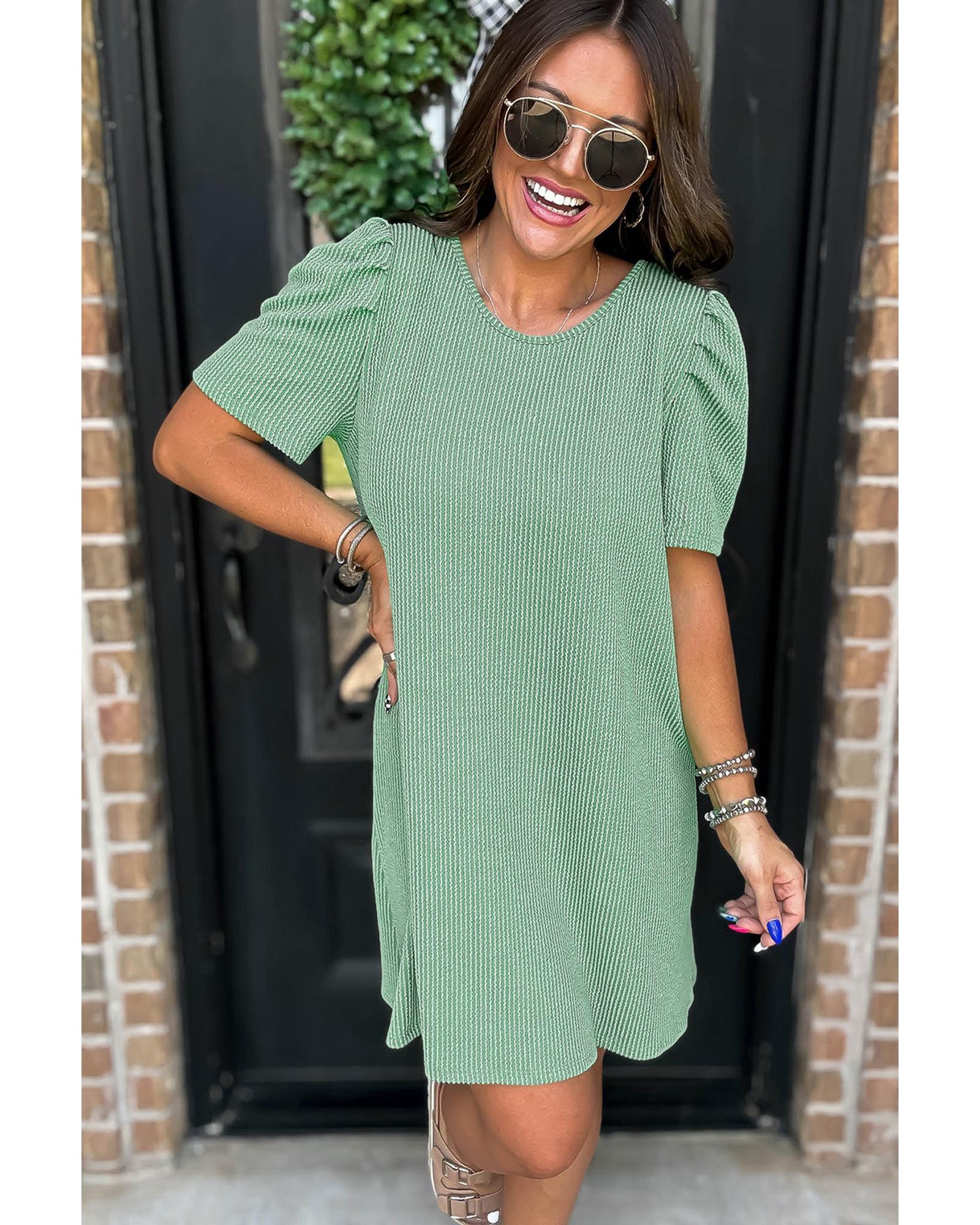 Mint Green Corded Knit Crew Neck Puff Sleeve Shift Mini Dress - S