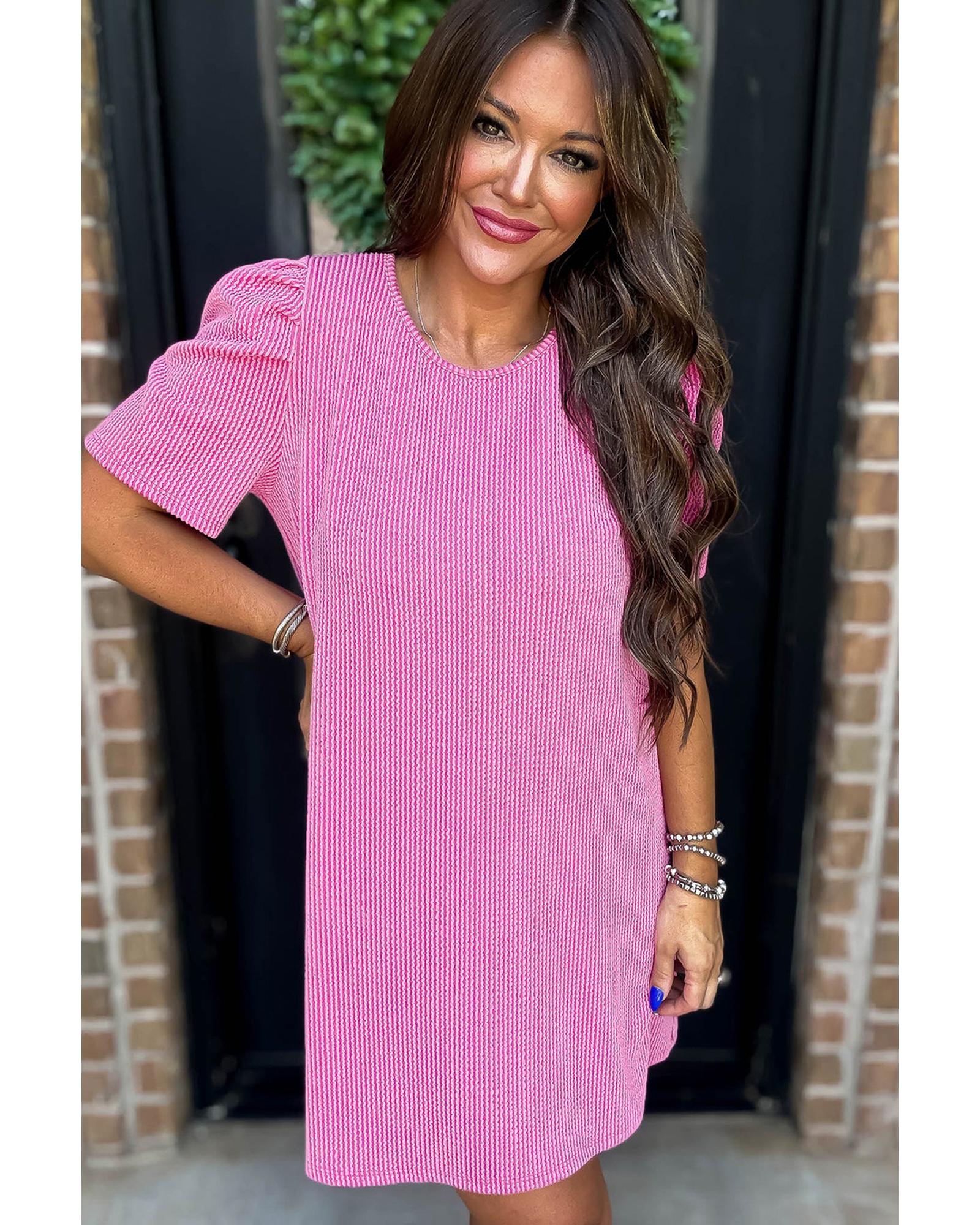 Bright Pink Corded Knit Crew Neck Puff Sleeve Shift Mini Dress - S