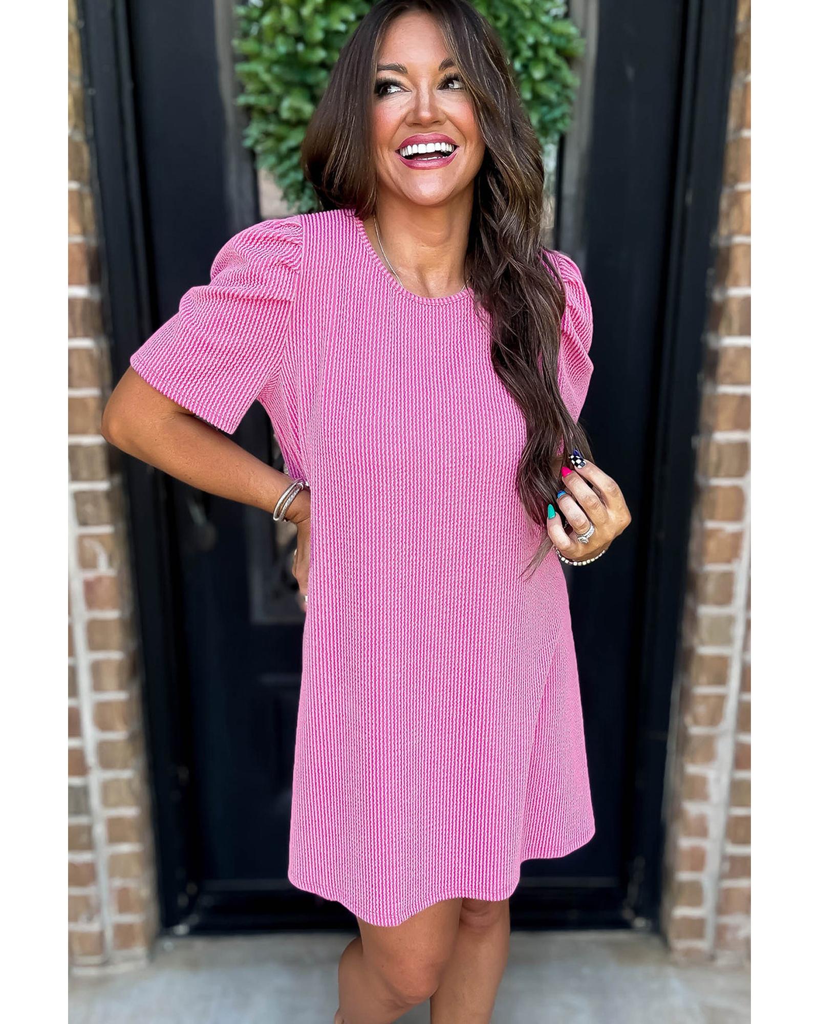 Bright Pink Corded Knit Crew Neck Puff Sleeve Shift Mini Dress - S