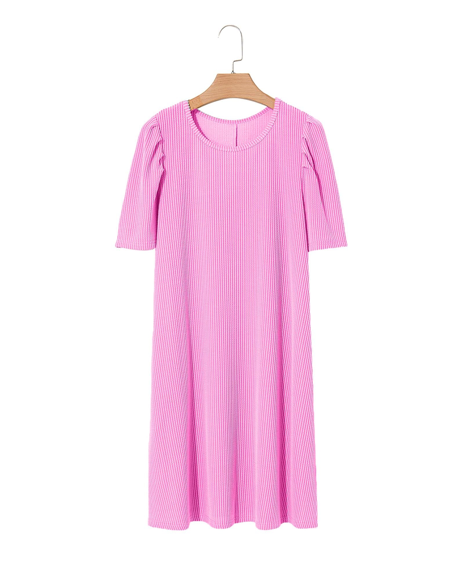 Bright Pink Corded Knit Crew Neck Puff Sleeve Shift Mini Dress - S