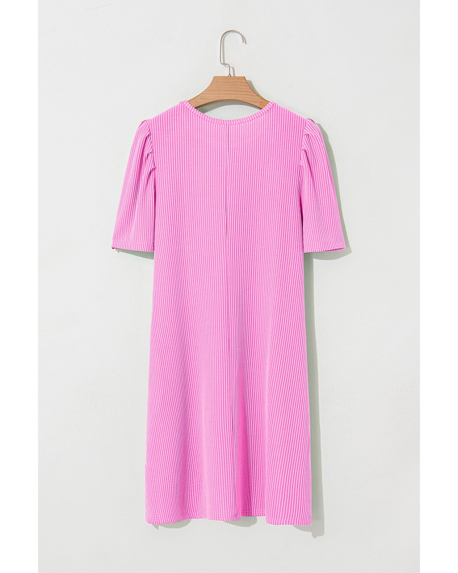 Bright Pink Corded Knit Crew Neck Puff Sleeve Shift Mini Dress - S